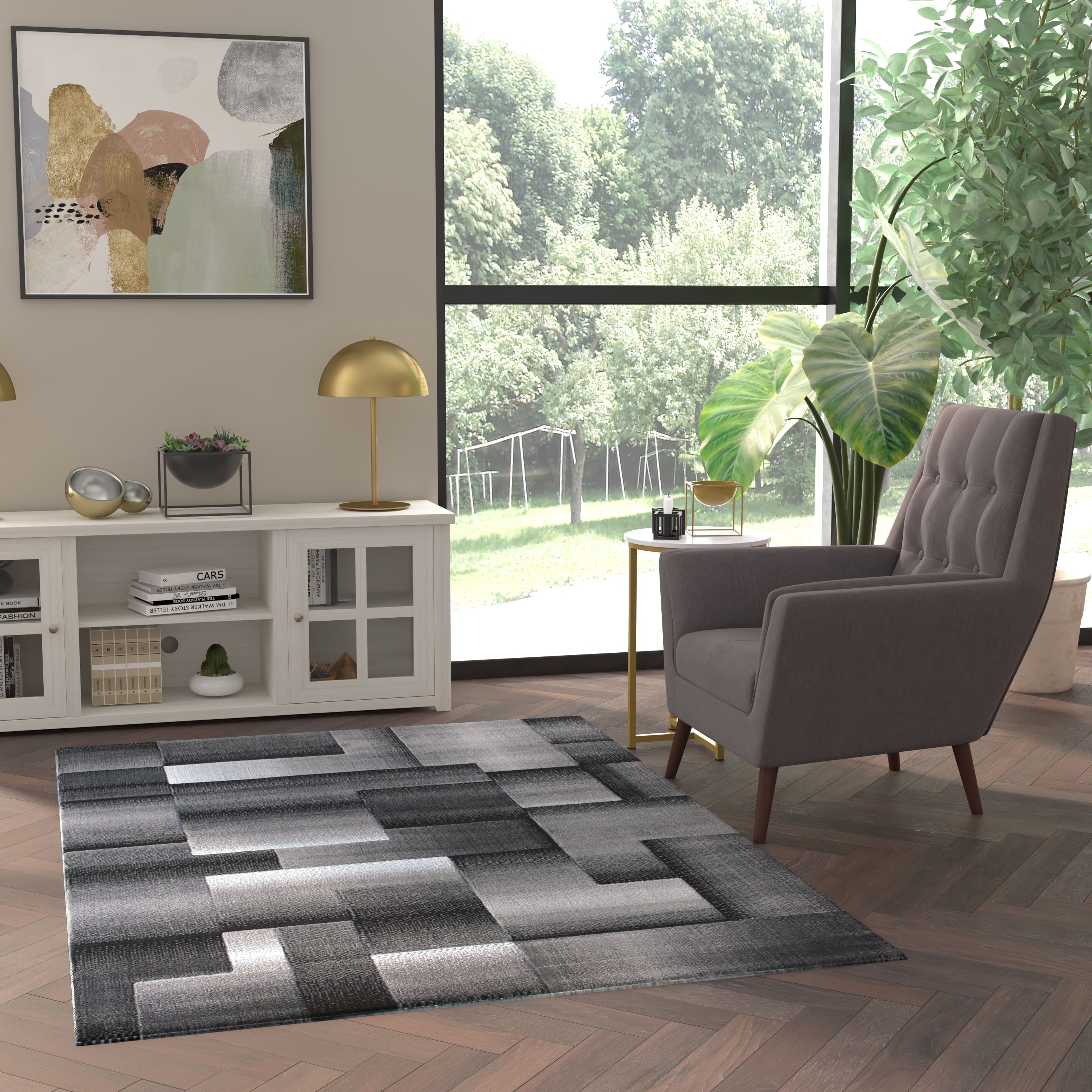 Emma + Oliver - Malaga Modern Cubist Olefin Accent Runner Rug in Gradient Shades with Natural Jute Backing - Gray