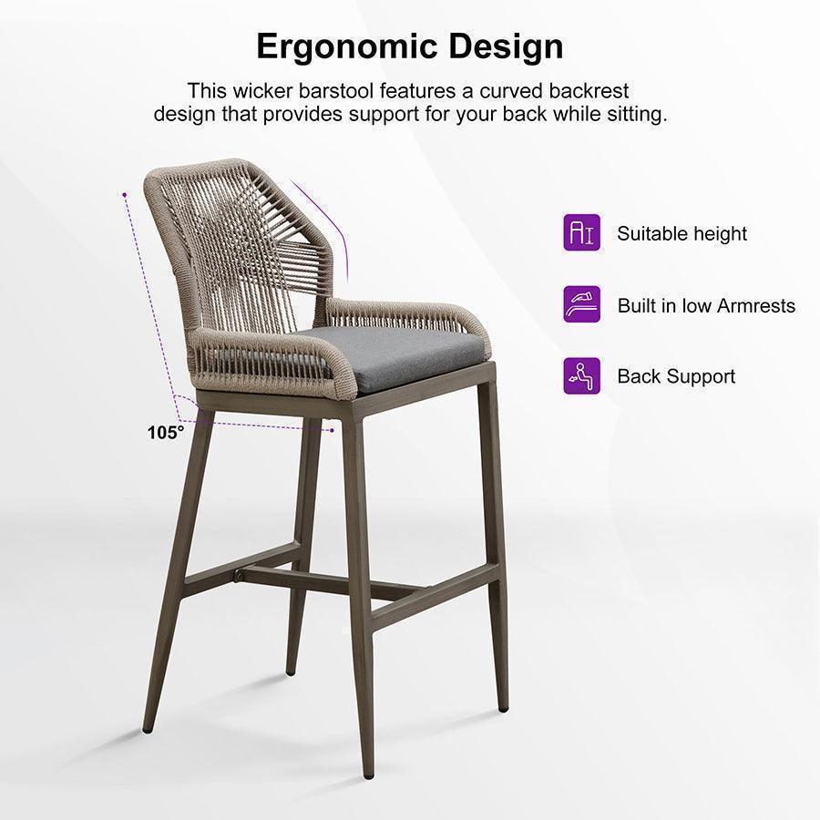 Ergonomic Design

This wicker barstool features a curved backrest design that provides support for your back while sitting.

- Suitable height
- Built in low Armrests
- Back Support

105°