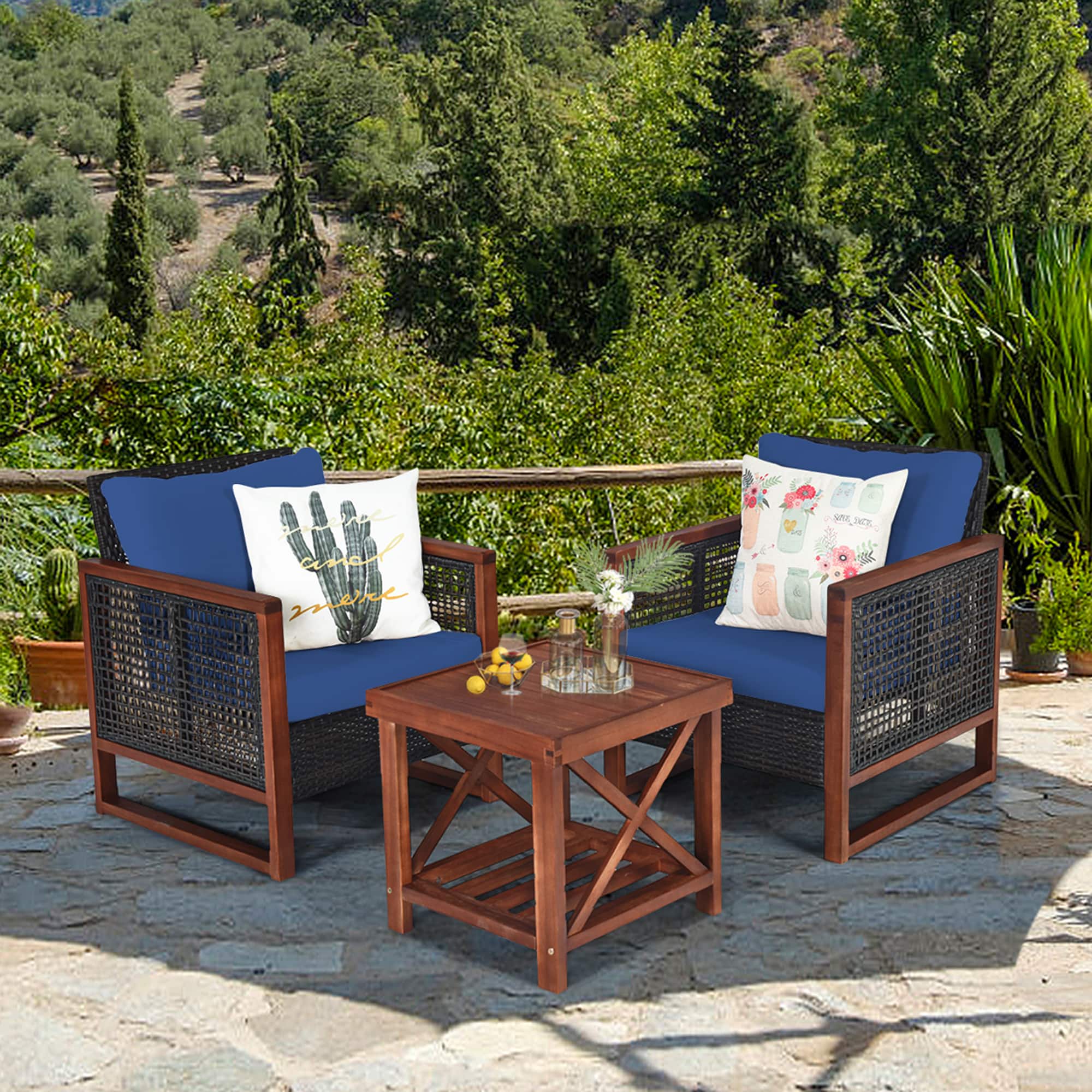 Gymax - 3PCS Rattan Wicker Patio Conversation Set Outdoor Furniture Set w/ Cushion - Navy price history on PriceWatchPro