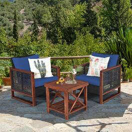 Gymax - 3PCS Rattan Wicker Patio Conversation Set Outdoor Furniture Set w/ Cushion - Navy