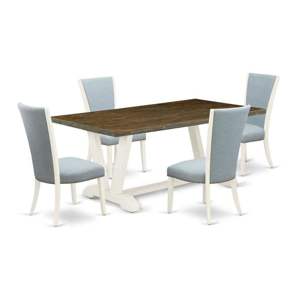Left. East West Furniture - East West Furniture V076VE215-5 5 Piece Mid Century Dining Set - 4 Baby Blue Linen Fabric Kitchen Chair with Nailheads - Multi-Color.