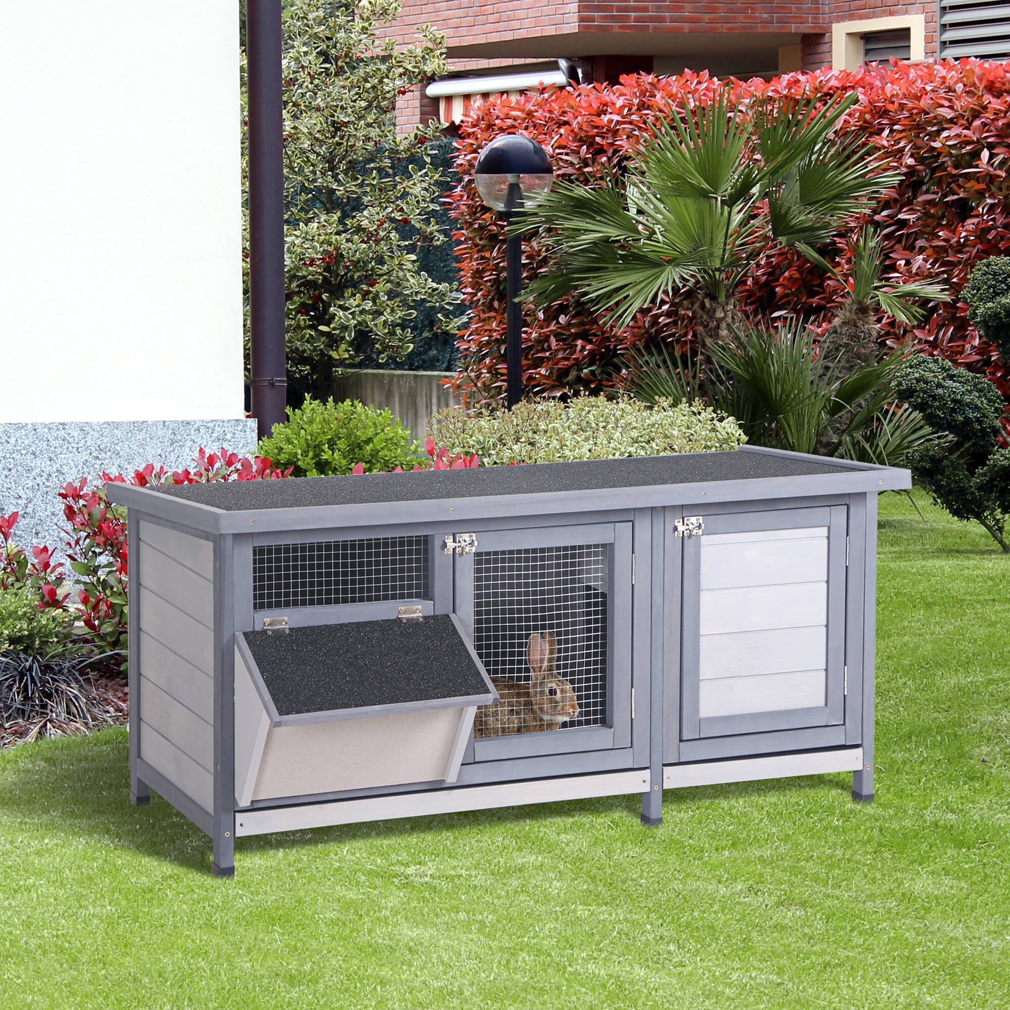 Angle. Pawhut - Wooden Rabbit Hutch, Guinea Pig with Waterproof Roof, No Leak Tray, Feeding Trough, Indoor/Outdoor.