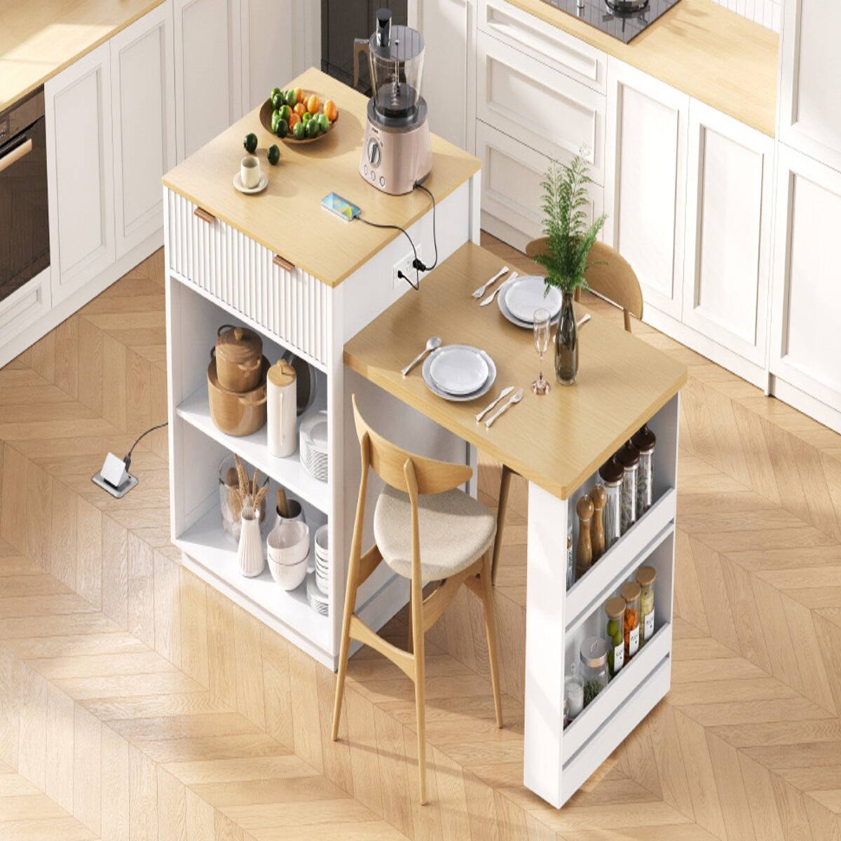 Alt View 9. Loheer - White Fluted Kitchen Island with Extendable Dining Table, 82.6-Inch Rectangular Island with Power Outlet - White.