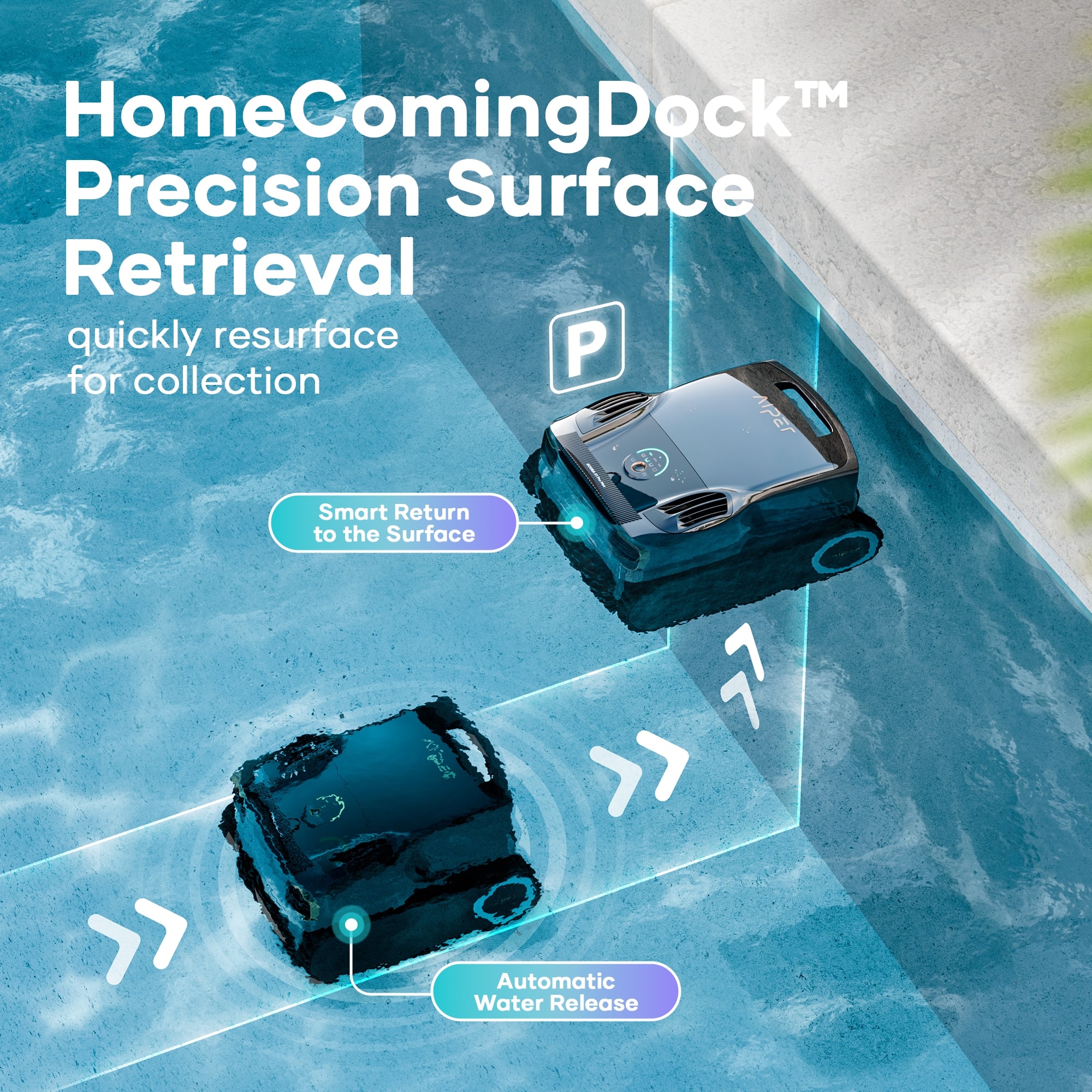 HomeComingDockTM Precision Surface Retrieval quickly resurface P for collection Smart Return to the Surface > 77% Automatic Water Release