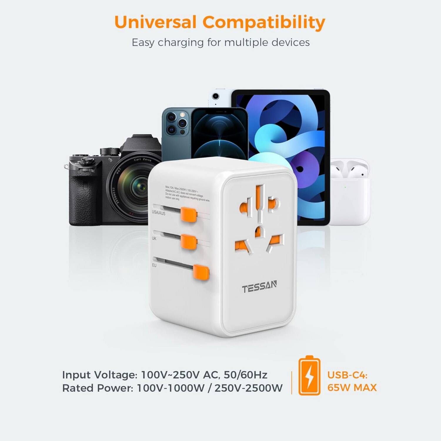 Universal Compatibility  
Easy charging for multiple devices  

Input Voltage: 100V~250V AC, 50/60Hz  
Rated Power: 100V-1000W / 250V-2500W  
USB-C4: 65W MAX