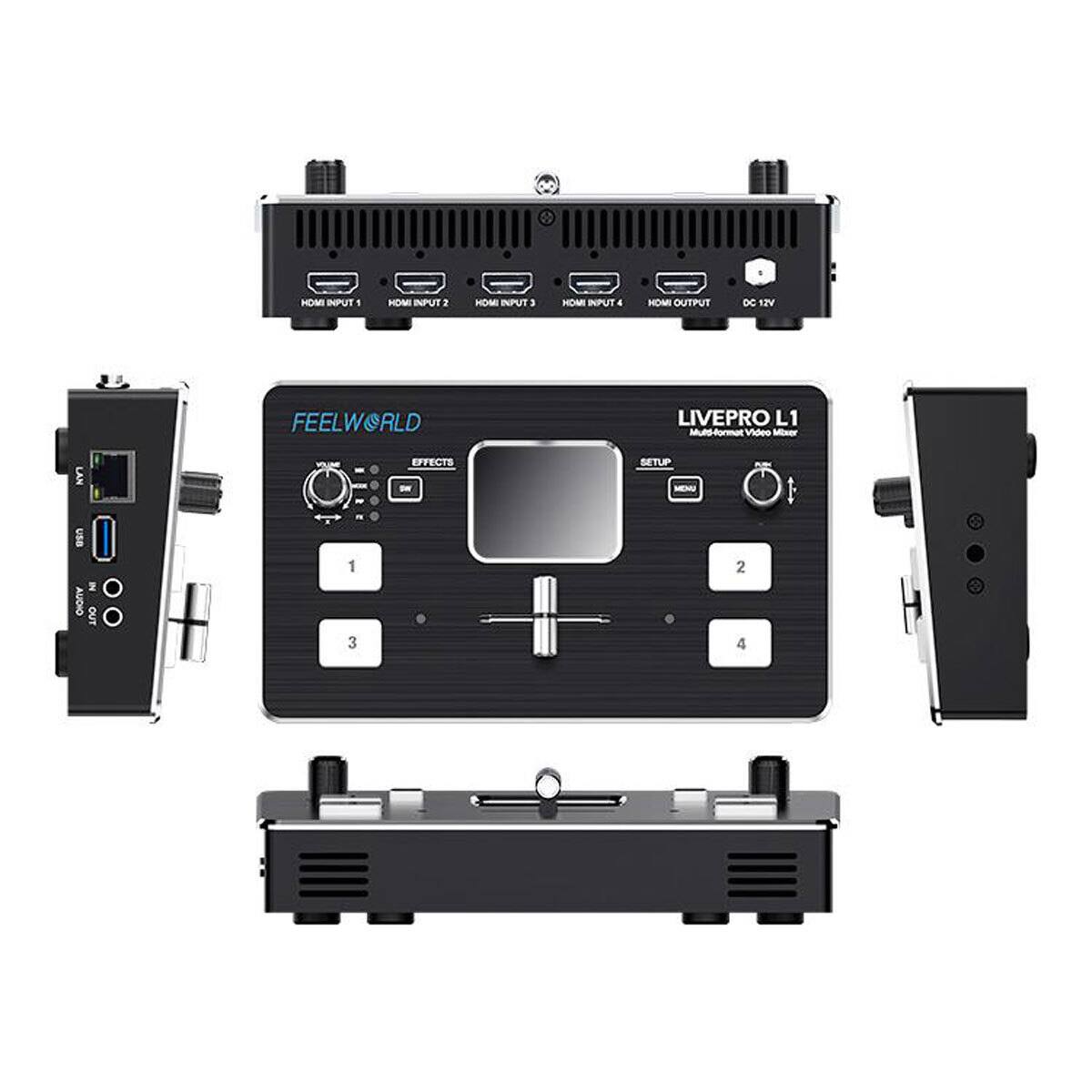 00 S HOM INPUT 1 HOM INPUT 2 HOM INPUT 3 HDMI INPUT 4 HOMS OUTPUT DC 12V FEELWORLD LIVEPRO L1 ult-ormut Video Mixer LAN USB 2 AUDIO OUT 1 3 EFFECTS - SETUP - 2 4