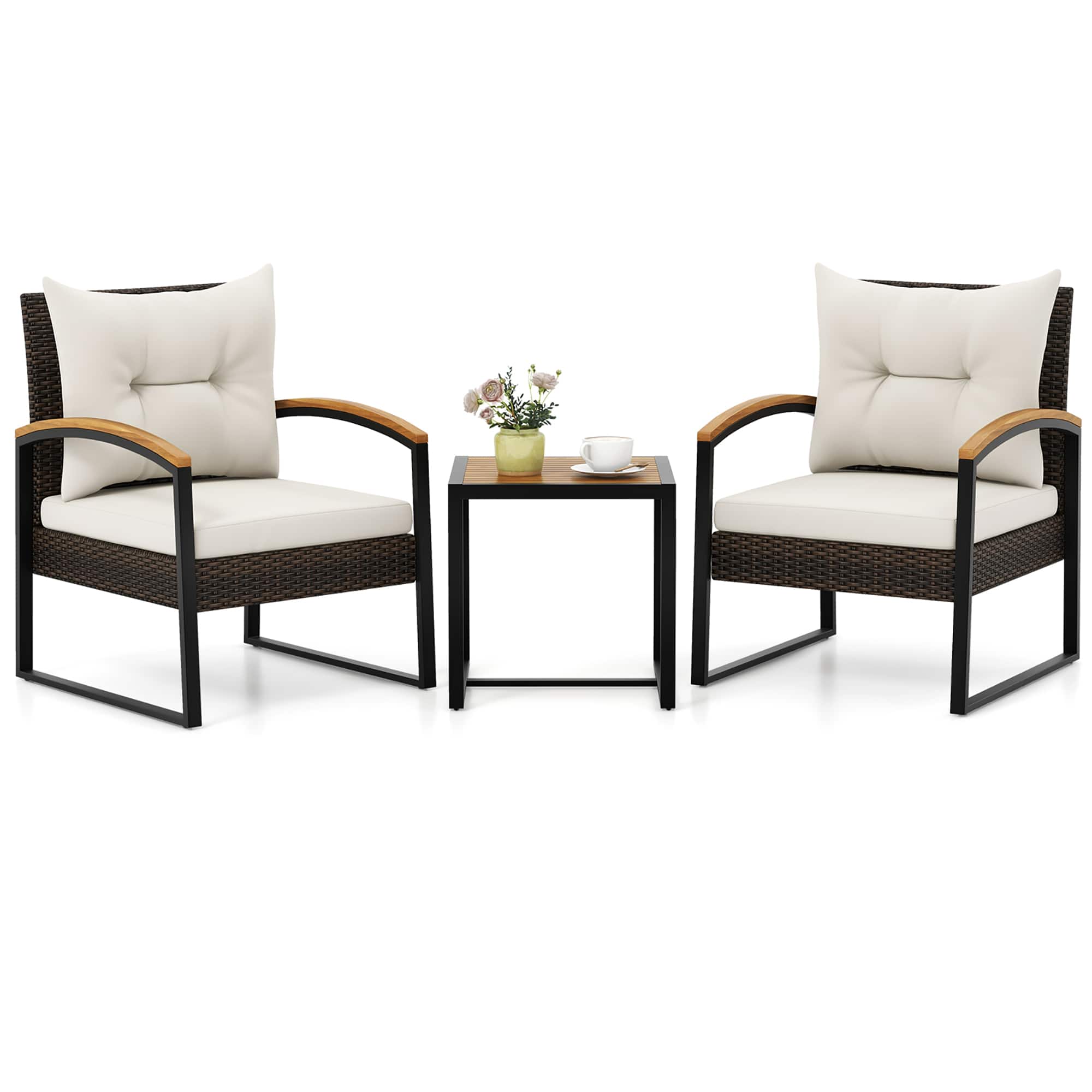 Gymax - 3PCS Patio Wicker Furniture Set PE Wicker Furniture Conversation Set w/ Acacia Wood Table - Mix Brown, Off White price history on PriceWatchPro