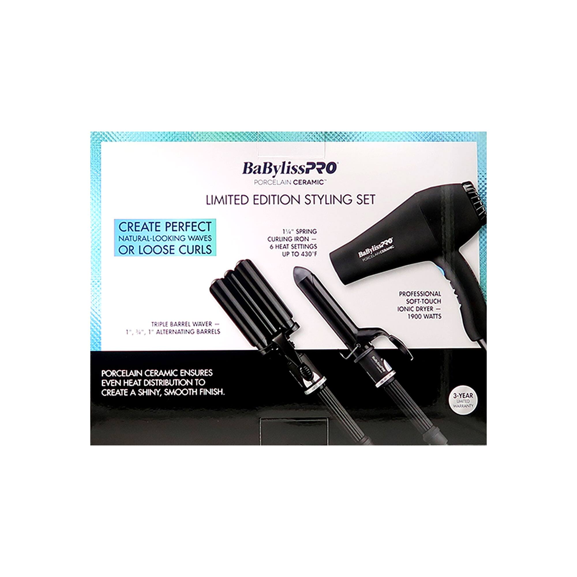 BaBylissPRO BaB PORCELAIN CERAMIC LIMITED EDITION STYLING SET CREATE PERFECT 1%* SPRING NATURAL-LOOKING WAVES CURLING IRON 5 HEAT SETTINGS Ballyliss200 OR LOOSE CURLS UP TO 430F Bally ANCRANC O U71TH TRIPLE BARREL WAVER- e 1. . 1 ALTERNATING BARRELS PROFESSIONAL SOFT-TOUCH IONIC DRYER I 1900 WATTS PORCELAIN CERAMIC ENSURES EVEN HEAT DISTRIBUTION TO CREATE A SHINY, SMOOTH FINISH. 3-YEAR WARRANTY