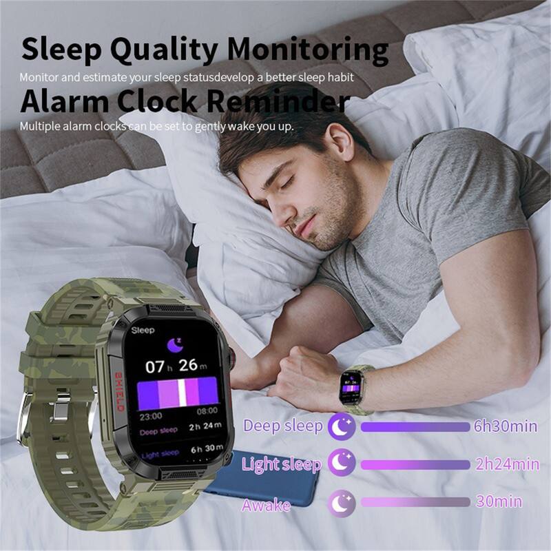Sleep Quality Monitoring  
Monitor and estimate your sleep status, develop a better sleep habit.  
Alarm Clock Reminder  
Multiple alarm clocks can be set to gently wake you up.  

Sleep Z SHIELD  
07 h 26 m  
08:00  
23:00  
2h 24m  
Deep sleep 6h 30 m  
Light sleep 6h30min  
2h24min  
Awake 30min