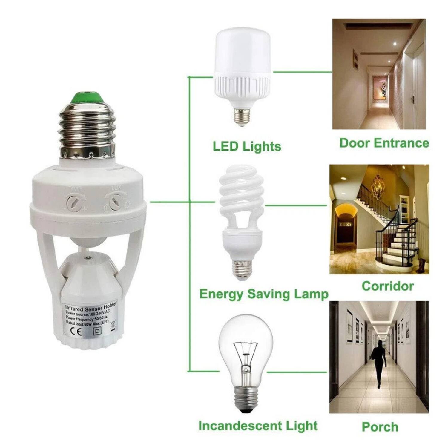 - LED Lights
- Door Entrance
- Energy Saving Lamp
- Corridor
- Incandescent Light
- Porch

Infrared Sensor Holder
Power source: 100-242VAC
Power frequency: 50Hz
Rated load: 60W
CE
Energy Saving Lamp