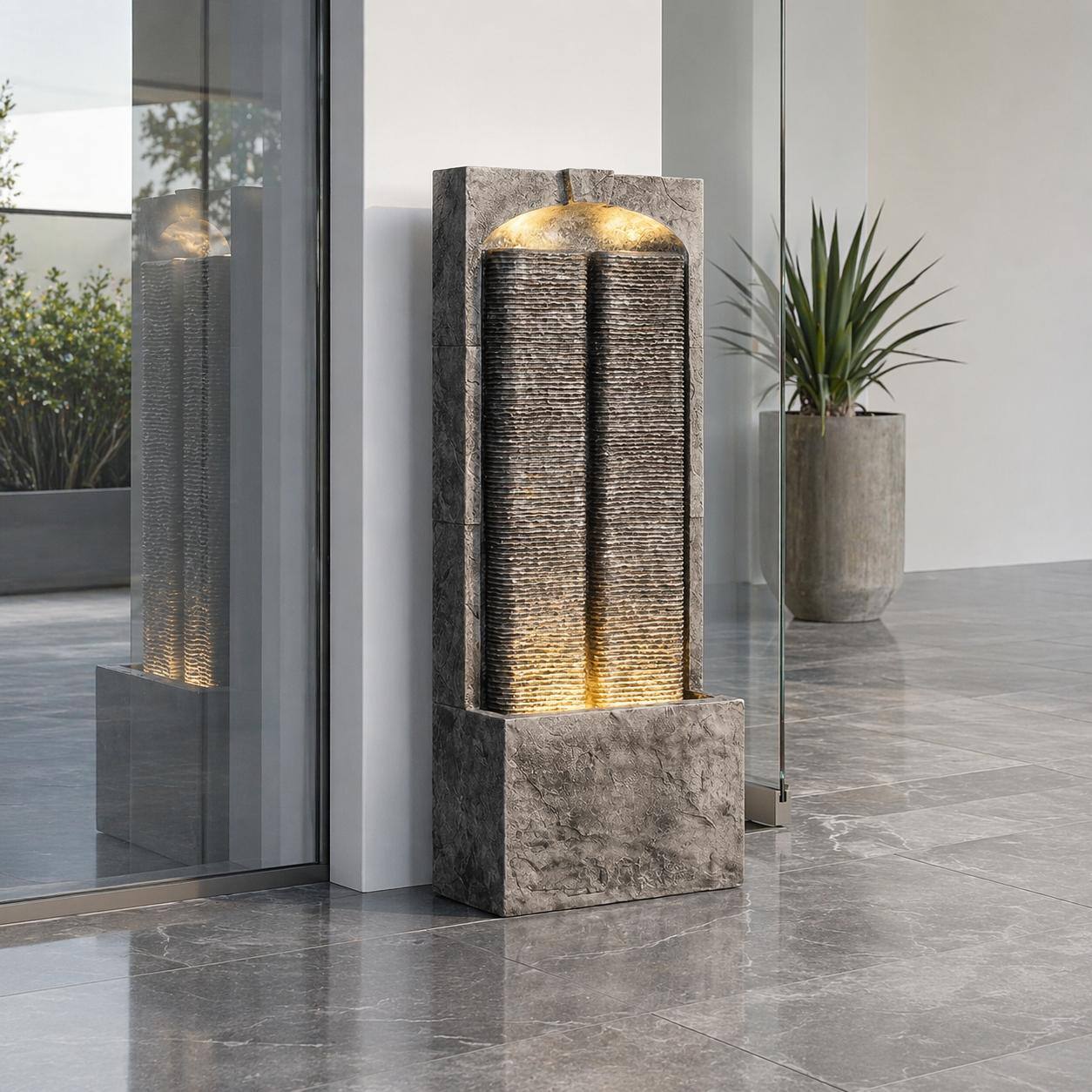 Back. RYHNUYNE - 39" H Outdoor Cascading Water Fountain with LED Lights – Resin Fiberglass Freestanding Water Feature with Quiet Pump.