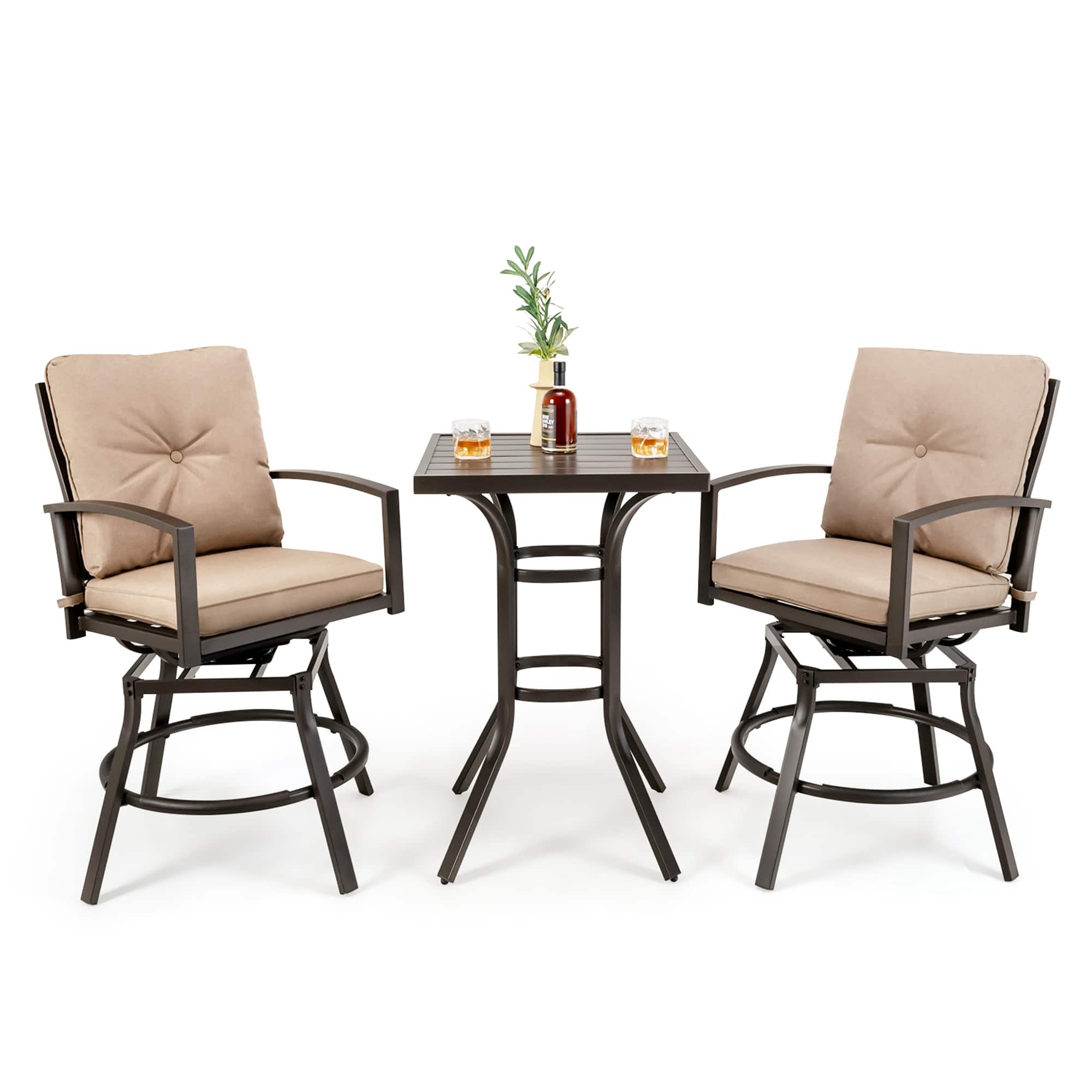 Costway - Patio 3pcs Swivel Bar Height Bistro Set Cushioned Table Stools Furniture Outdoor - Grey,Beige