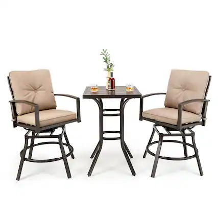 Front. Costway - Costway Patio 3pcs Swivel Bar Height Bistro Set Cushioned Table Stools Furniture Outdoor - Grey,Beige.