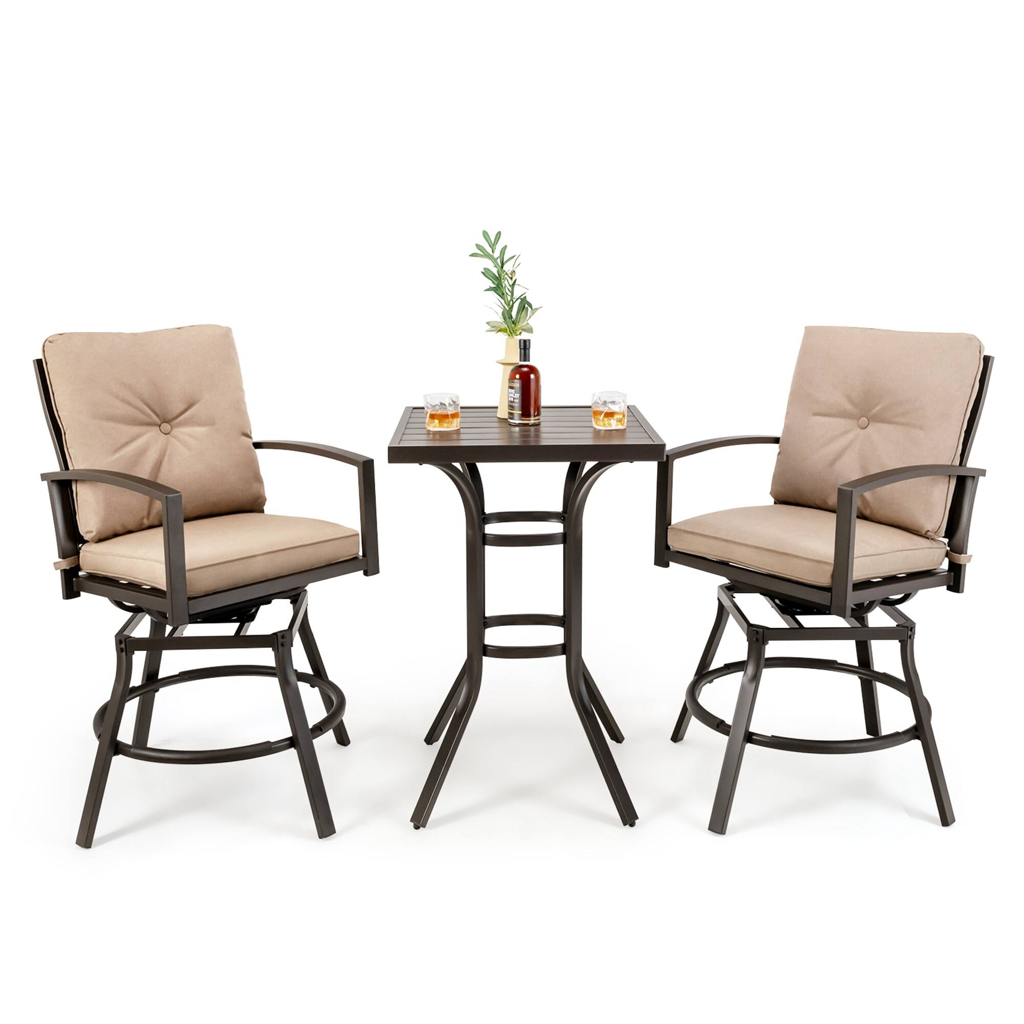Front. Costway - Costway Patio 3pcs Swivel Bar Height Bistro Set Cushioned Table Stools Furniture Outdoor - Grey,Beige.