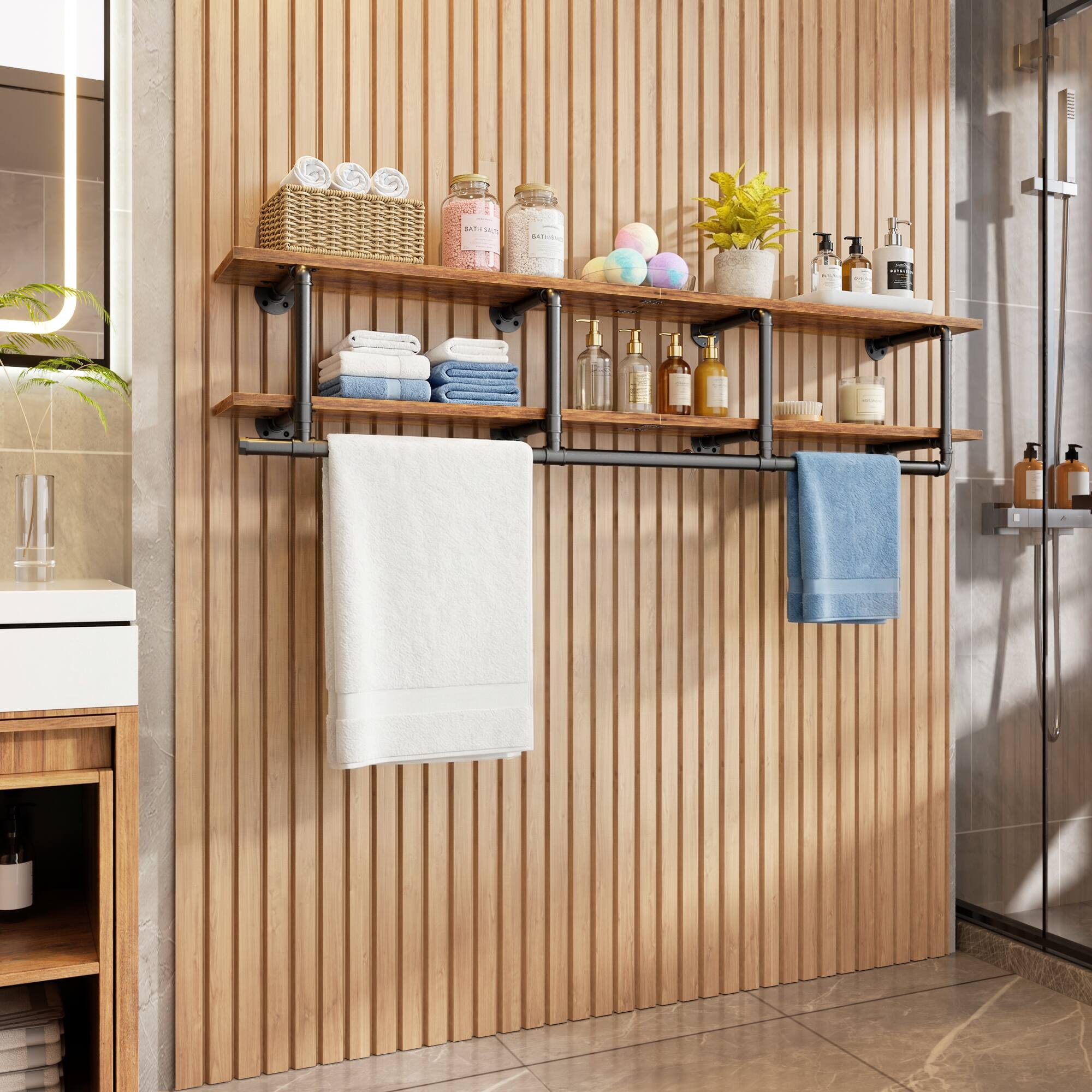 Alt View 2. Aheaplus - 59'' Wide Wall Mounted Pipe Clothing Rack, 2-Tier Wall Shelf with Hanging Rods for Entryway, Closet, Laundry - Brown.