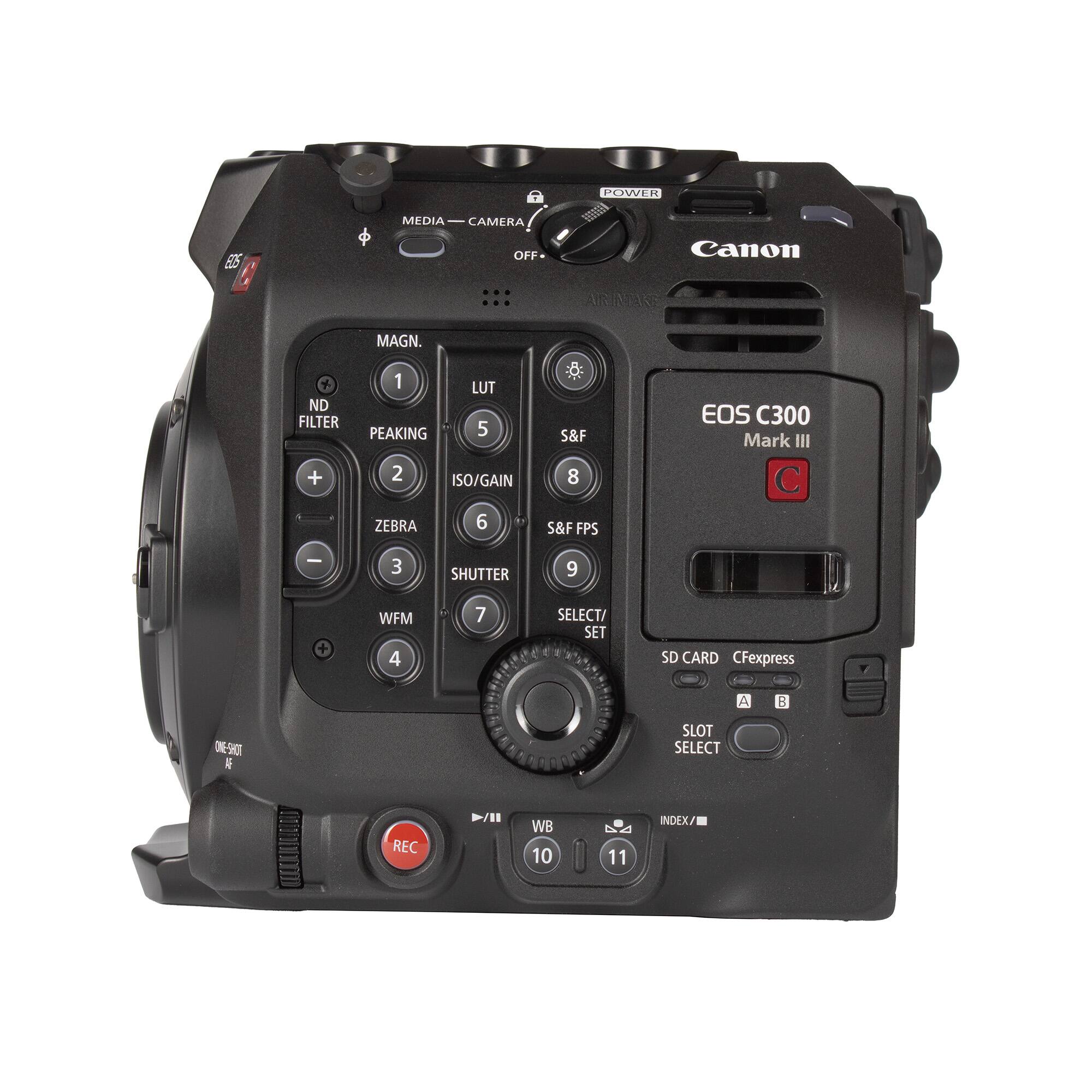 POWER MEDIA CAMERA E5 OFF Canon ARINES y ND FILTER MAGN. 1 PEAKING LUT 5 * S&F EOS C300 Mark III + 2 ISO/GAIN 8 ZEBRA 6 S&F FPS - 3 SHUTTER 9 + WFM 4 7 SELECT/ SET SD CARD CFexpress A B DE-SHT E SLOT SELECT REC >/I WB 10 11 INDEX/