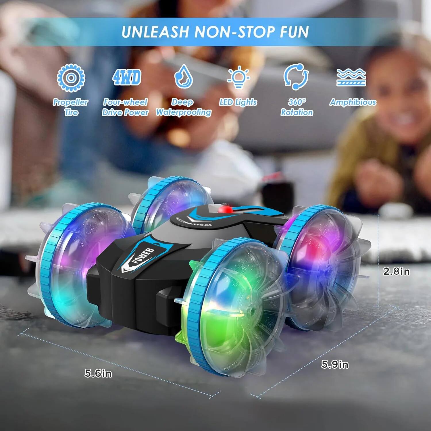 UNLEASH NON-STOP FUN

- Propeller Tire
- 4WD Four-wheel Drive Power
- Deep Waterproofing
- LED Lights
- 360° Rotation
- Amphibious

2.8in  
5.6in  
5.9in