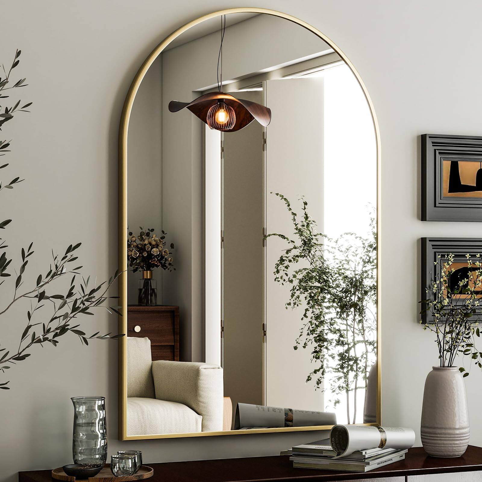 Alt View 8. Dapper Styles - Arched Wall Mirror x36 - Metal Frame Vanity Mirrors For Bedroom Entryway Living Room Decor - Gold-42"L x 32"W.