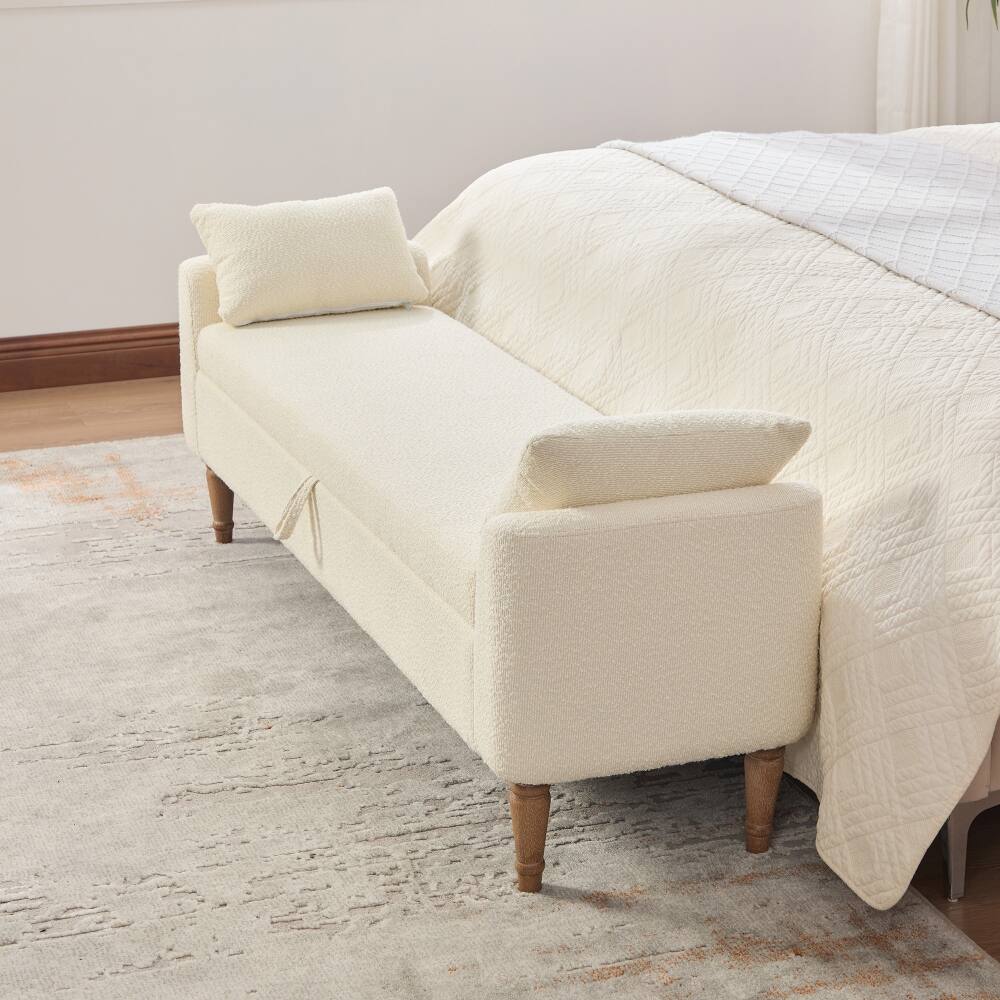Left. Ropilly - Ropilly Modern Boucle Upholstered Storage Bench with Armrests, Beige Bed End Stool for Bedroom and Entryway - Beige.