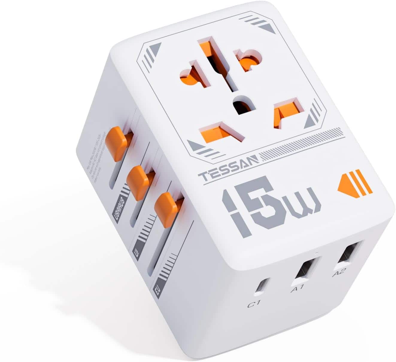 TESSAN - 15W Universal Travel Adapter with 1 USB-C Fast Charging & 2 USB-A - White