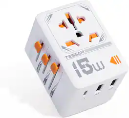 TESSAN - 15W Universal Travel Adapter with 1 USB-C Fast Charging & 2 USB-A - White