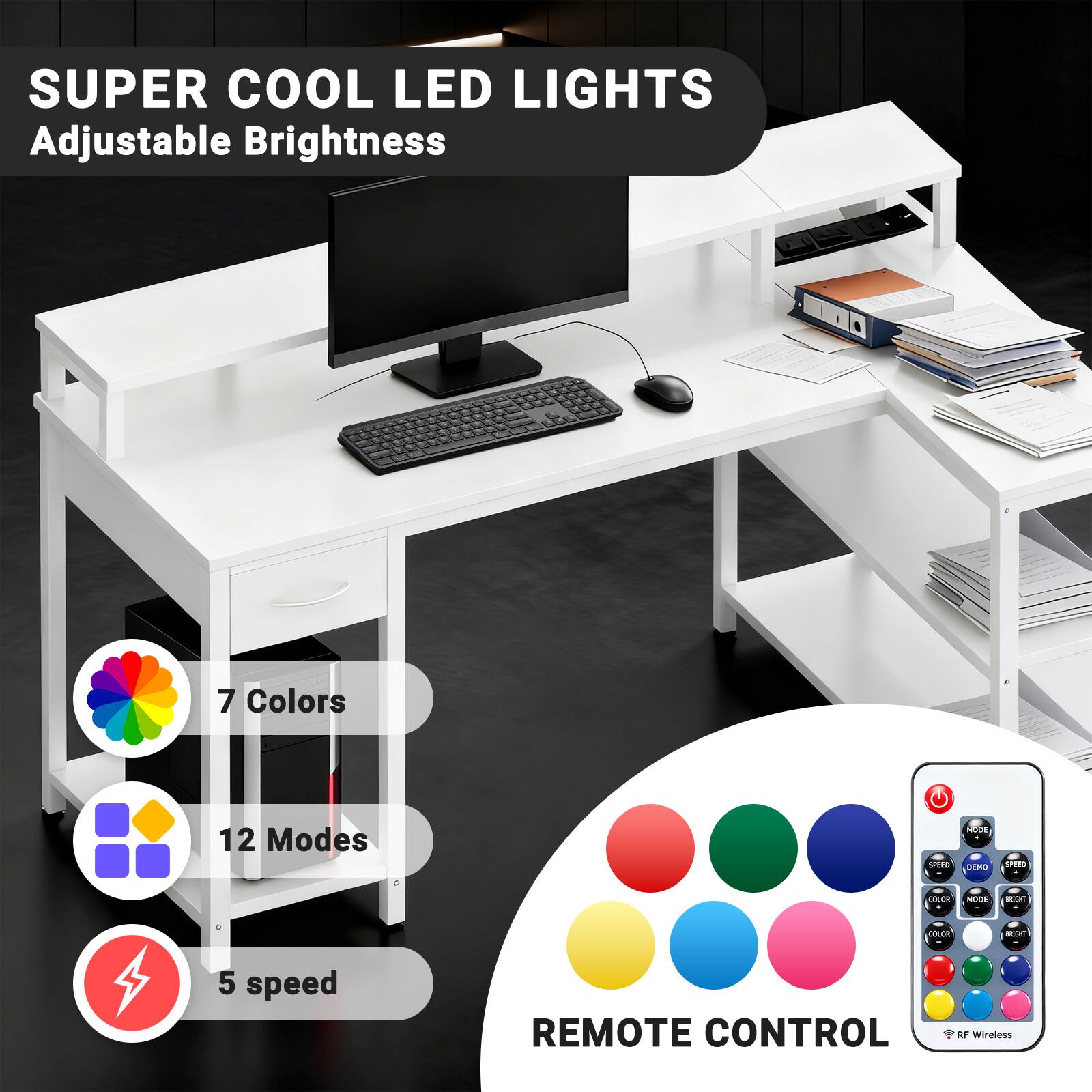 SUPER COOL LED LIGHTS  
Adjustable Brightness  

7 Colors  
12 Modes  
5 speed  

REMOTE CONTROL  
RF Wireless