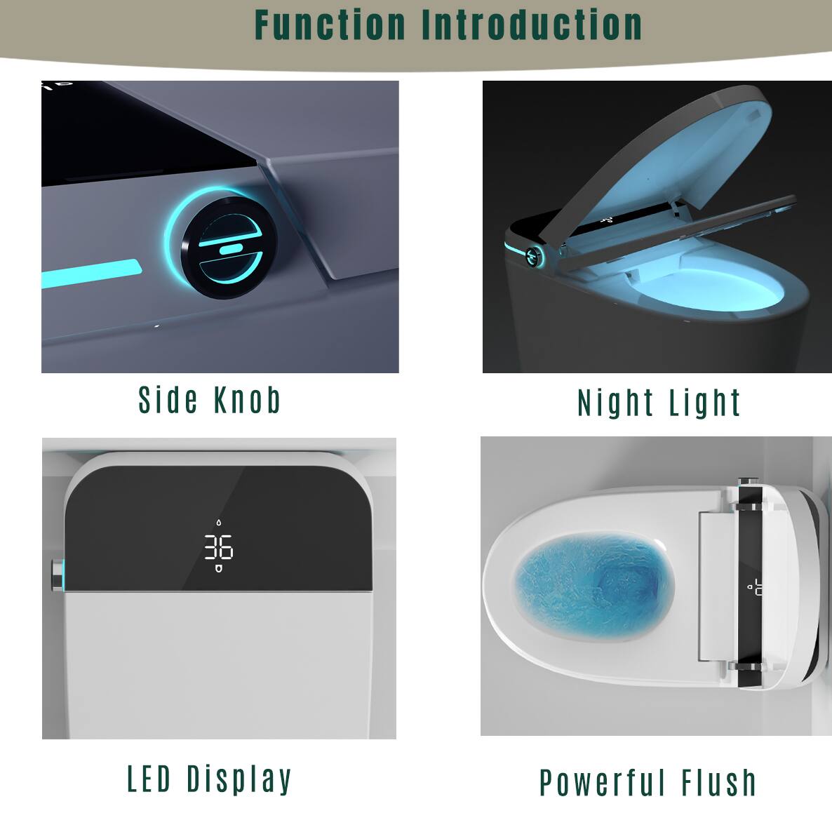 Function Introduction

- Side Knob
- Night Light
- LED Display
- Powerful Flush
