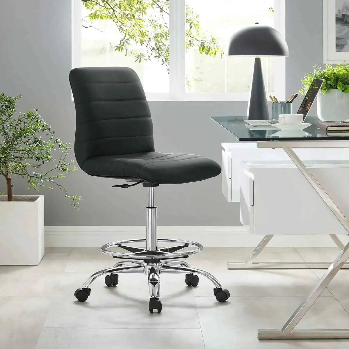 Left. Modway - Drafting Chair Vegan Leather Armless Adjustable Stool - Black.