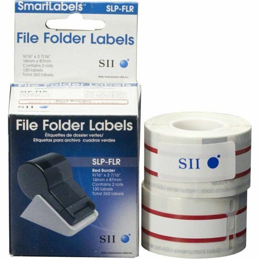 SmartLabels SLP-FLR  
File Folder Labels  
9/16" x 3 7/16" (14mm x 87mm)  
Contains 2 rolls  
130 labels  
Total 260 labels  
SII Seko USA  

File Folder Labels  
FLR  
SH  
File Folder Labels  
Étiquettes de dossier vertes/  
Etiquetas para archivo cuadros verdes  
SLP-FLR Red Border  
9/16" x 3 7/16" (14mm x 87mm)  
Contains 2 rolls  
130 labels  
Total 260 labels  
SII Send Instruments USA Inc.