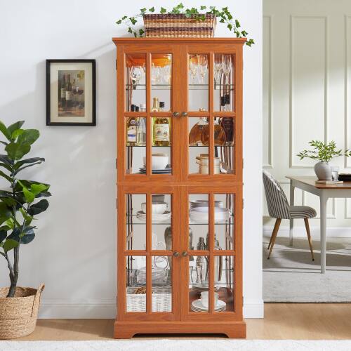 Angle. LUCKY ONE - Freestanding Vintage Curio Display Cabinet with Glass Doors Adjustable Shelves E26 Bulb for Collectibles - Dark Oak.