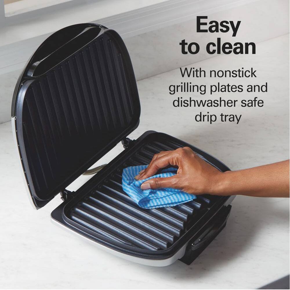 Easy to clean with nonstick grilling plates and dishwasher safe drip tray
