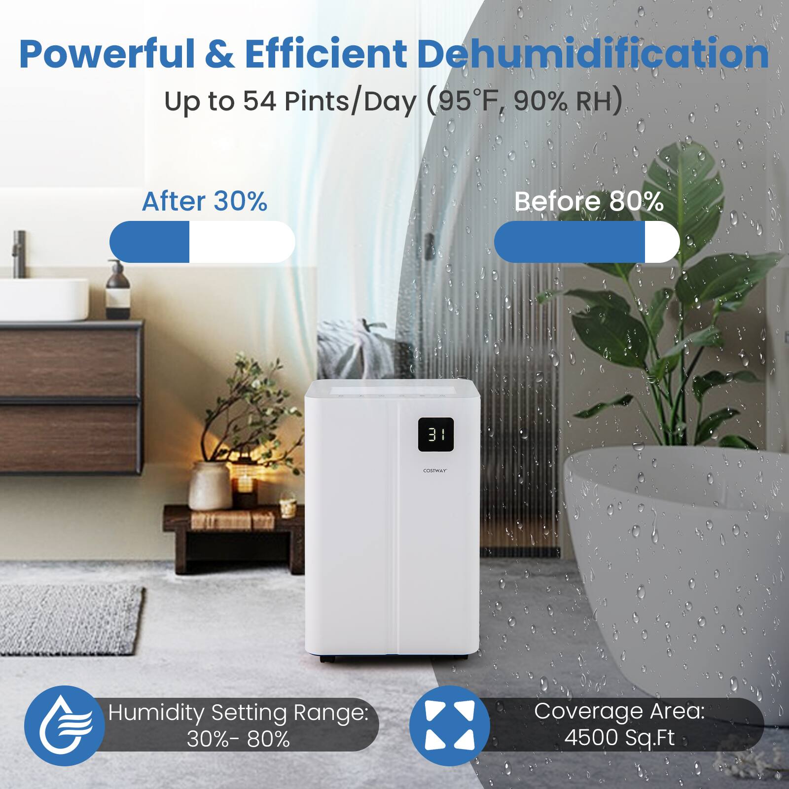 Powerful & Efficient Dehumidification Up to 54 Pints/Day (95°F, 90% RH)

After 30%
Before 80%

Humidity Setting Range: 30%-80%
Coverage Area: 4500 Sq.Ft