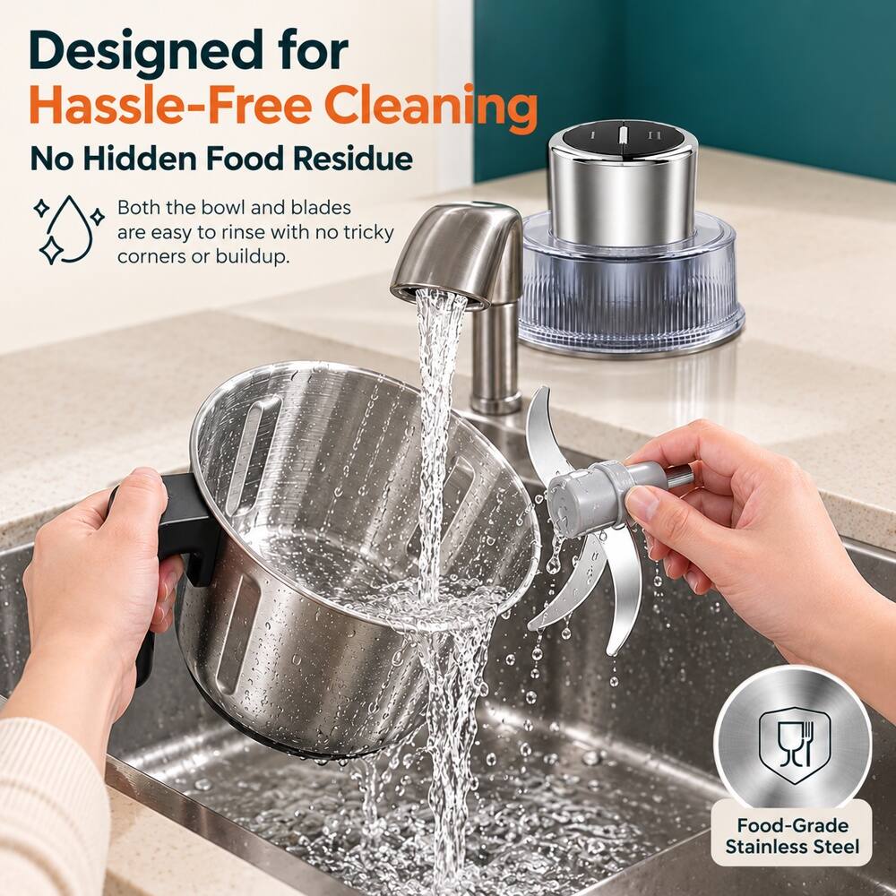 Designed for Hassle-Free Cleaning  
No Hidden Food Residue  
Both the bowl and blades are easy to rinse with no tricky corners or buildup.  

Food-Grade Stainless Steel