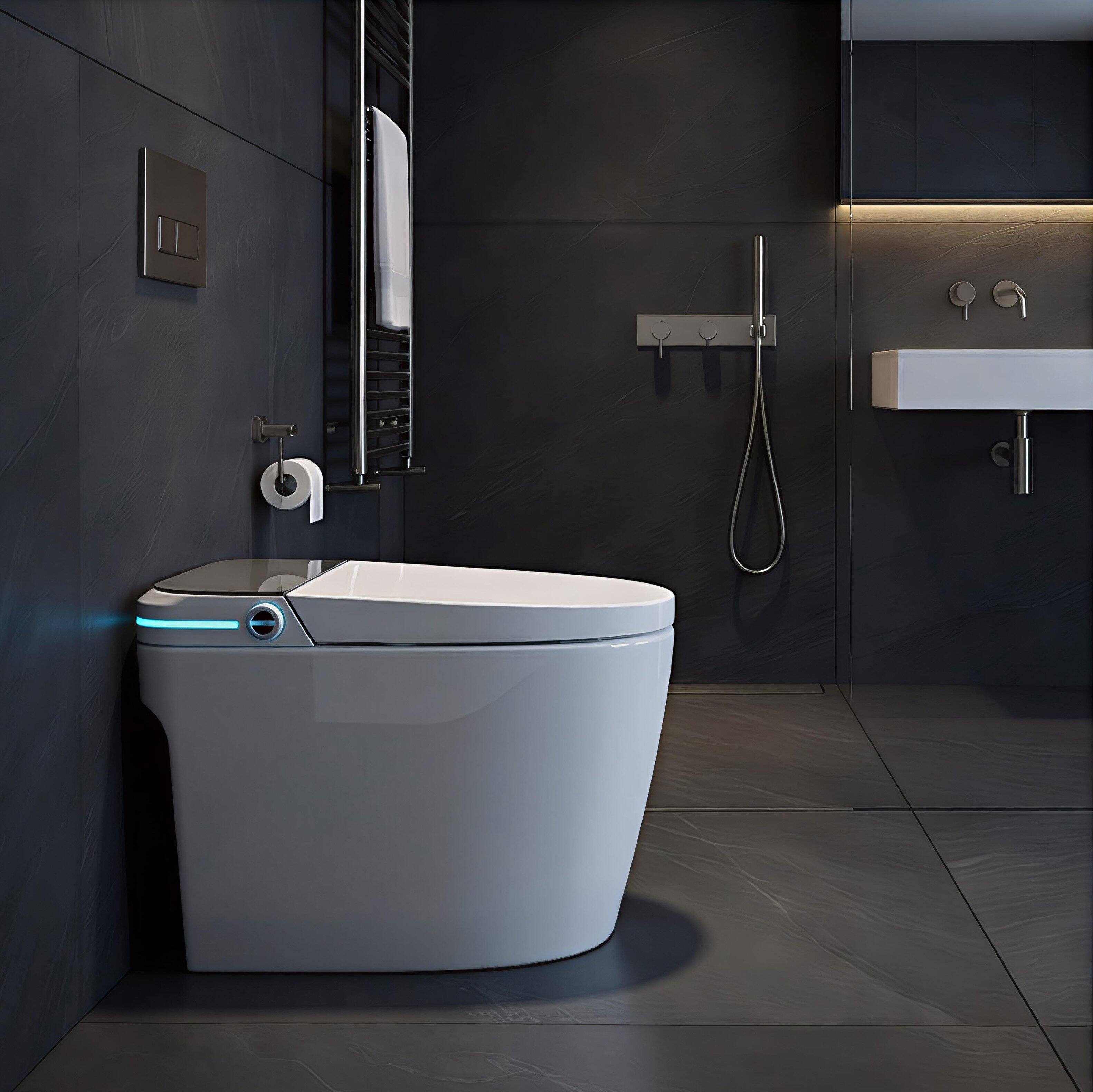 Left. Famapy - Smart Toilet with Auto Open Lid & Foot Sensor - Intelligent One-Piece Bidet Toilet,Heated Seat Warm Water Wash Air Dryer - White.