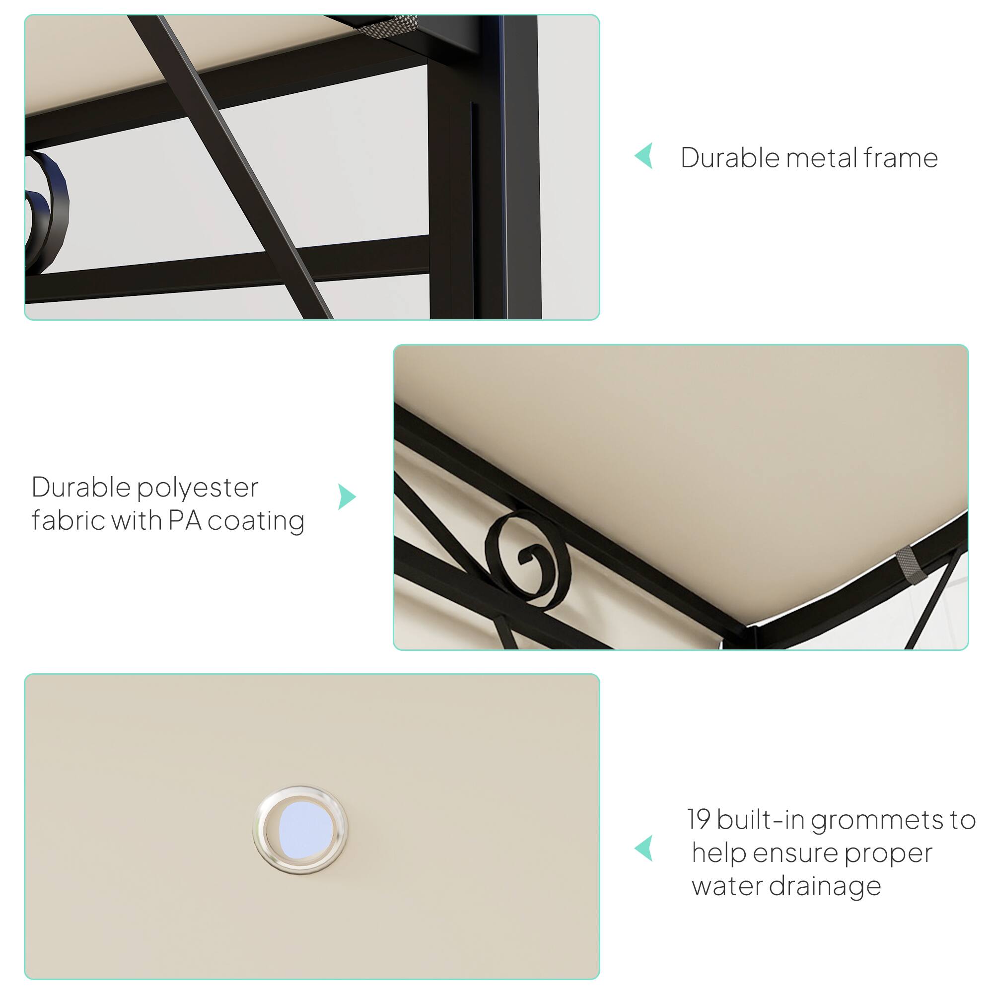 Durable metal frame, Durable polyester fabric with PA coating, 19 built-in grommets to help ensure proper water drainage
