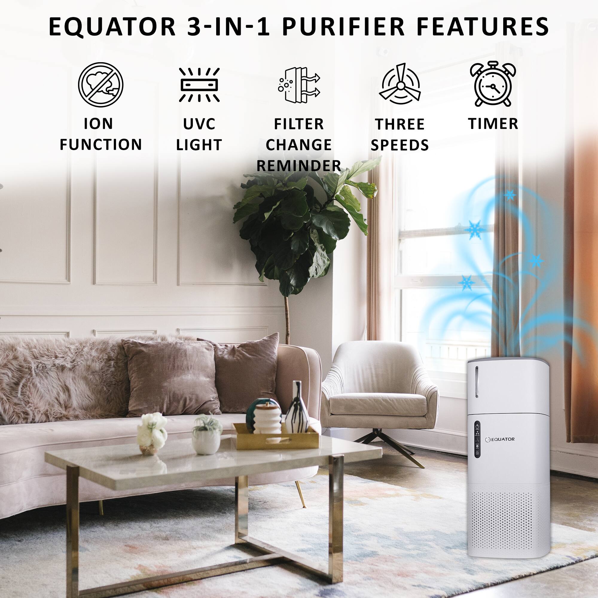 EQUATOR 3-IN-1 PURIFIER FEATURES
ION FUNCTION
UVC LIGHT
FILTER CHANGE REMINDER
THREE SPEEDS
TIMER