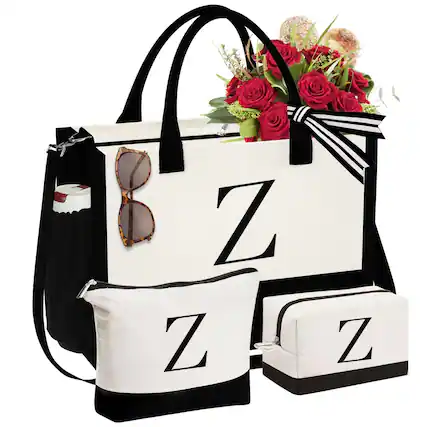 Front. Paradigms Interiors - Initial Canvas Tote Bag & Makeup Birthday Gifts For Women Mom Sister Friends Bridesmaid Wedding - Z.
