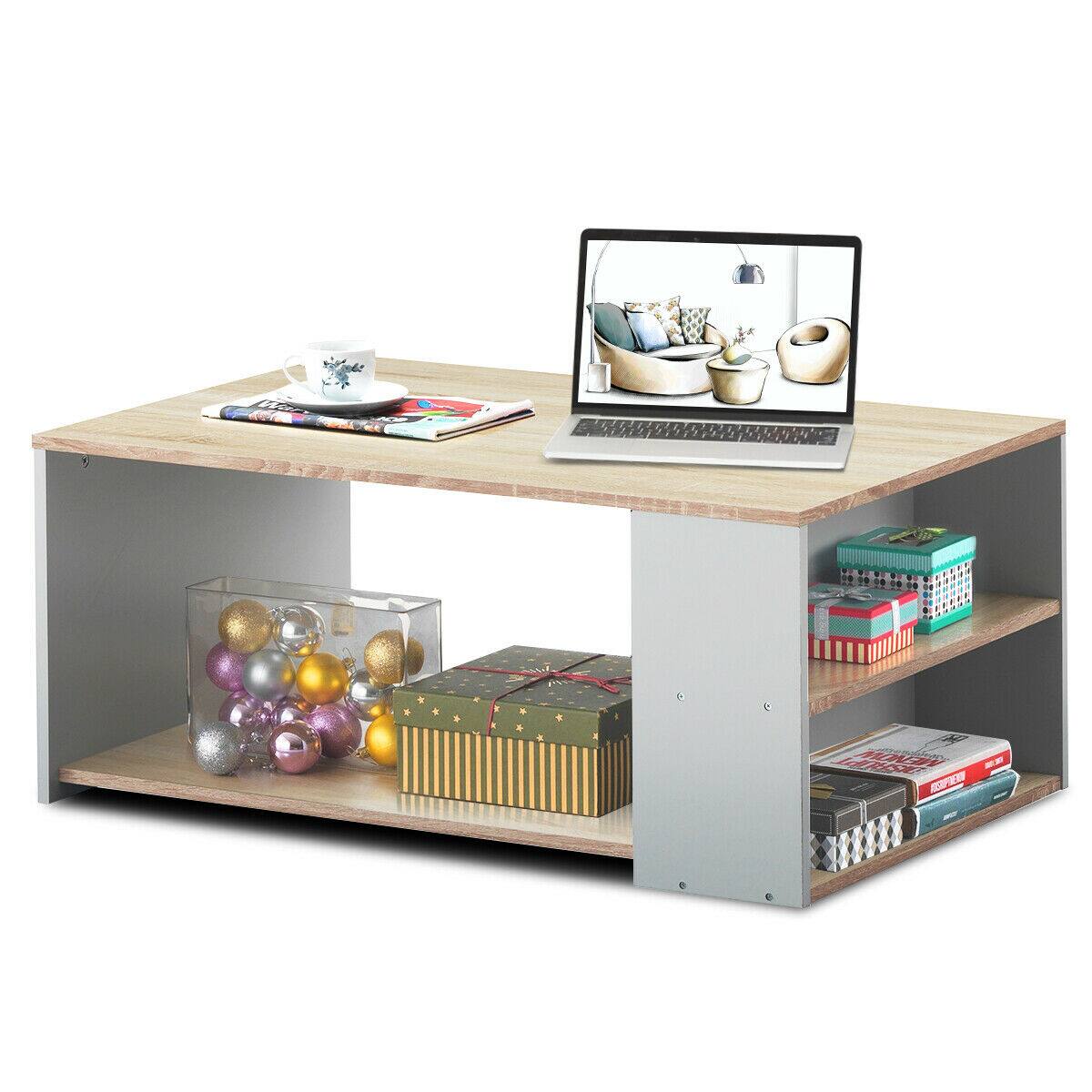 Front. Costway - 2-Tier Coffee Table Sofa Side Table w/ 2 Storage Shelves Living Room Office Oak - Oak and Gray.
