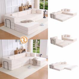 Anysun - 118" Corduroy Convertible Modular Sectional Sofa with Fixed-Shape Frame & Pillows, No Assembly Required - Beige