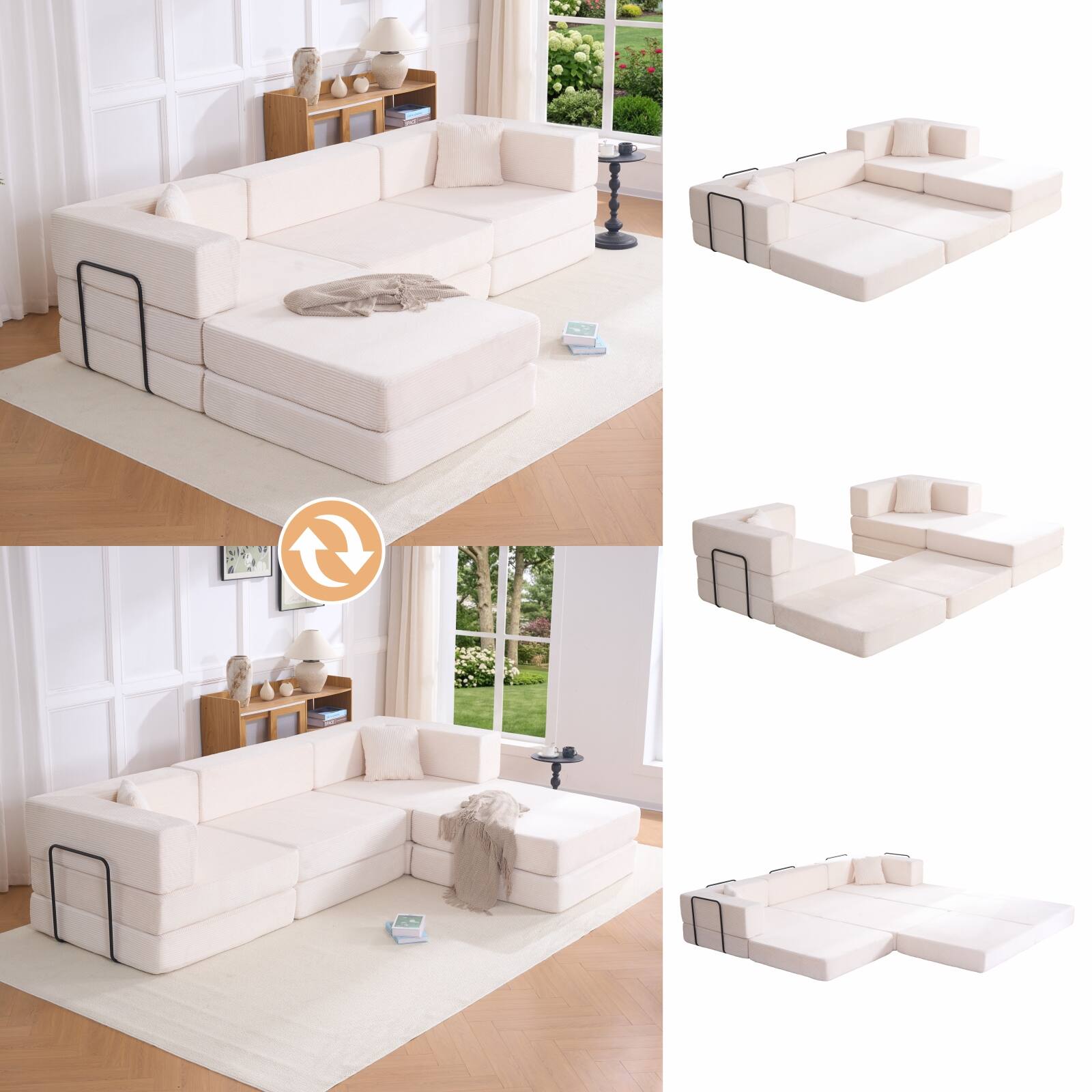 Front. Anysun - 118" Corduroy Convertible Modular Sectional Sofa with Fixed-Shape Frame & Pillows, No Assembly Required - Beige.