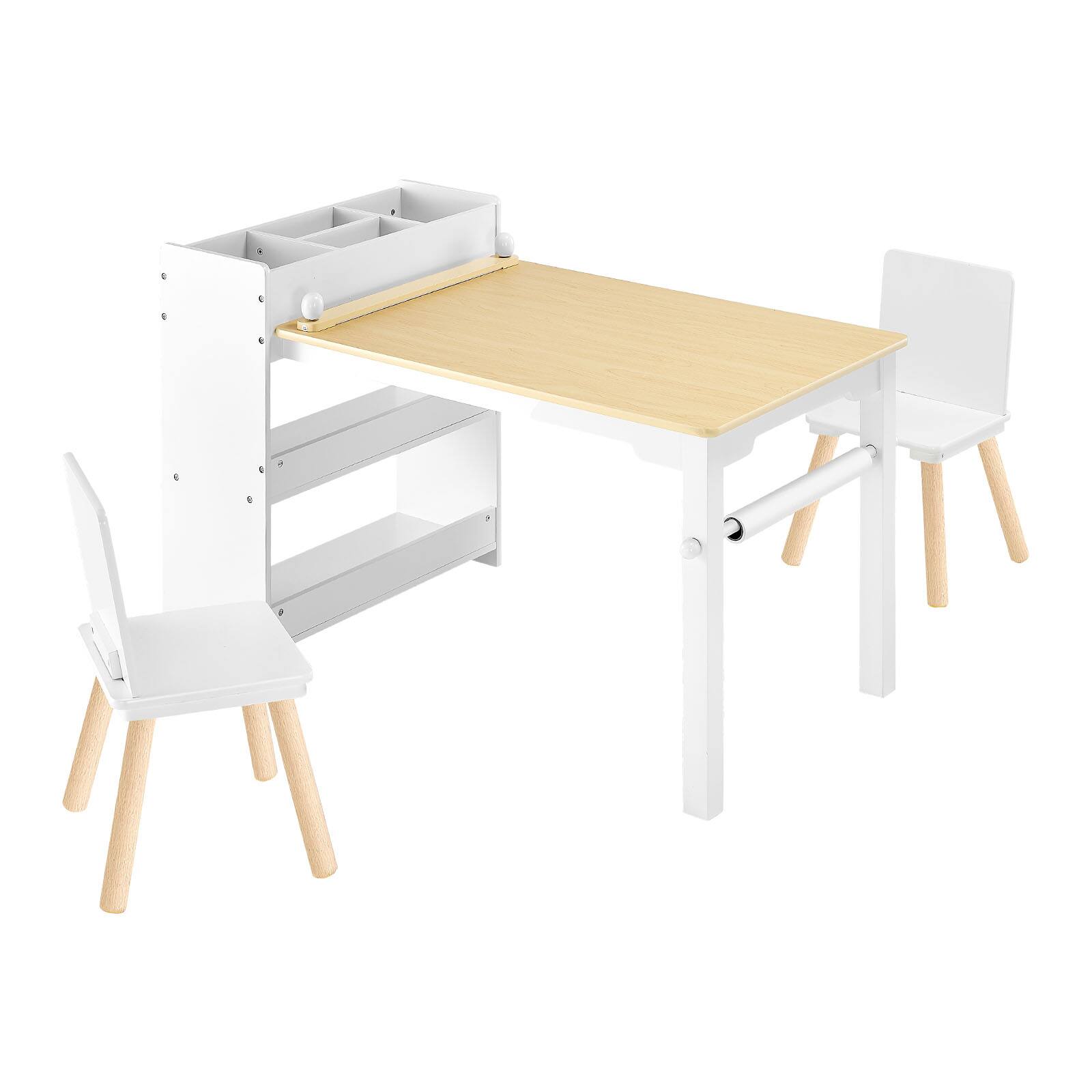 Alt View 5. VEVOR - Kids Art Table and Chair Set, Toddler Craft Table with 3 Tiers Storage Cabinet, Wooden Kids Activity Play Desk - White + Natural Wood.