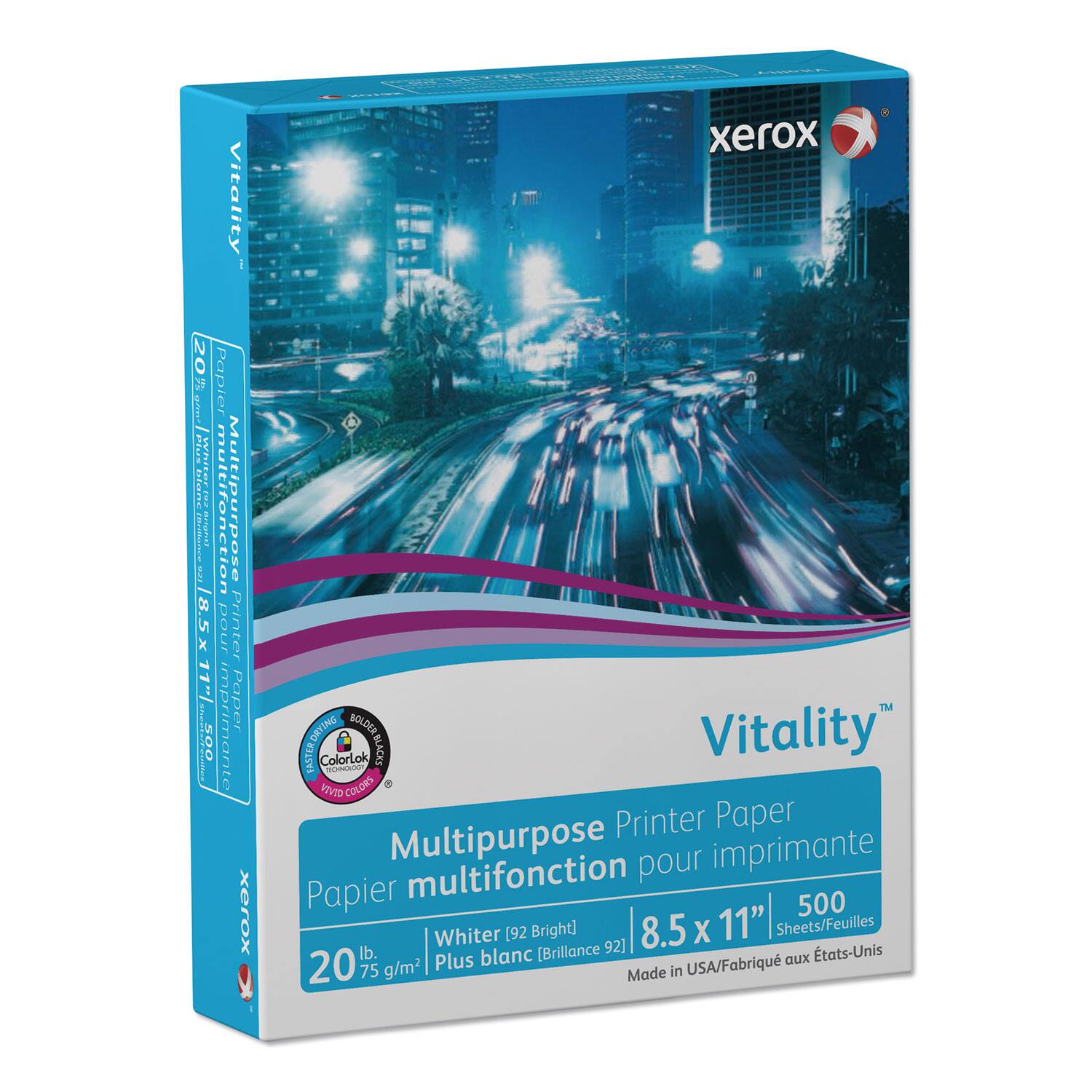 Vitality™  
Multipurpose Printer Paper  
Papier multifonction pour imprimante  

20 lb  
75 g/m²  

Whiter [92 Bright]  
Plus blanc [92 Brillance]  

8.5 x 11"  
500 Sheets/Feuilles  

Made in USA/Fabriqué aux États-Unis  

Colorlok  
Vivid Colors  

Vitality™  
Multipurpose Printer Paper  
Papier multifonction pour imprimante  

20 lb  
75 g/m²  

Whiter [92 Bright]  
Plus blanc [92 Brillance]  

8.5 x 11"  
500 Sheets/Feuilles  

Made in USA/Fabriqué aux États-Unis  

Colorlok  
Vivid Colors