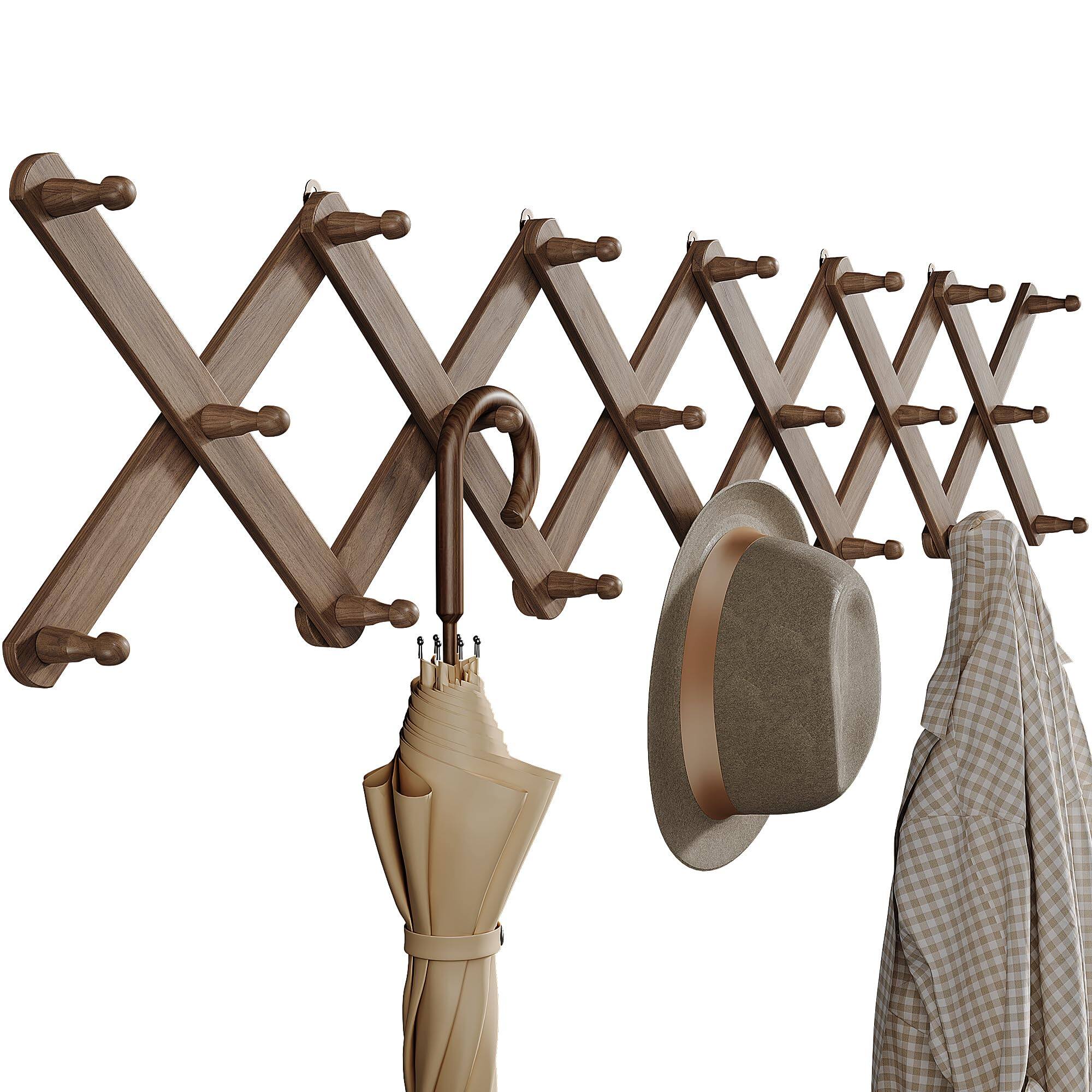 HM 1810 - Wood Accordion Wall Hanger Expandable Coat Rack Mount With 14 Pegs Expanding Hat For - Walnut Color 20 Pegs