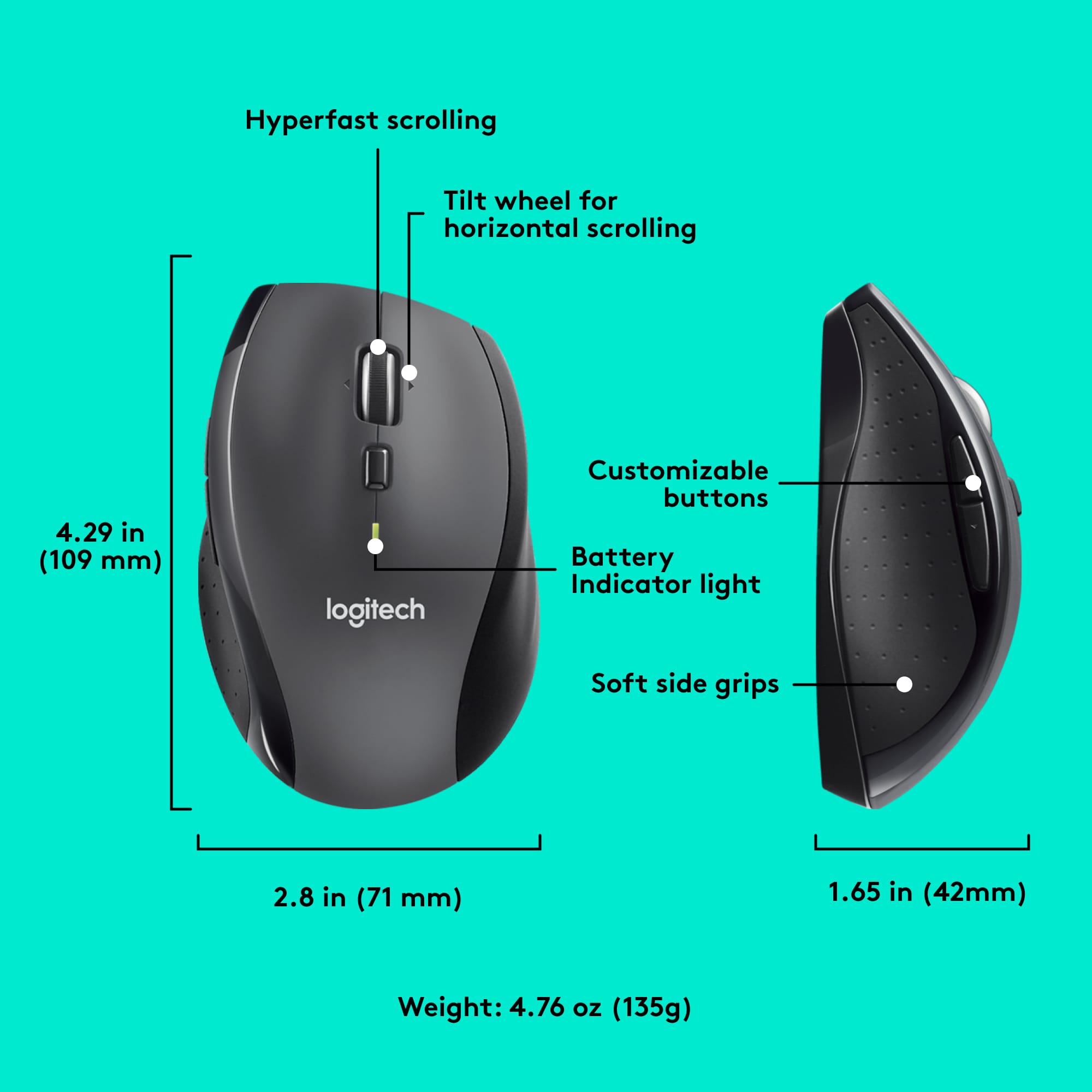 The image features a black Logitech mouse with a tilt wheel for horizontal scrolling. The mouse has customizable buttons and a battery indicator light. It also has a soft side grip for added comfort. The dimensions of the mouse are 2.8 inches (71 mm) in length and 1.65 inches (42 mm) in width. The weight of the mouse is 4.76 ounces (135 g).