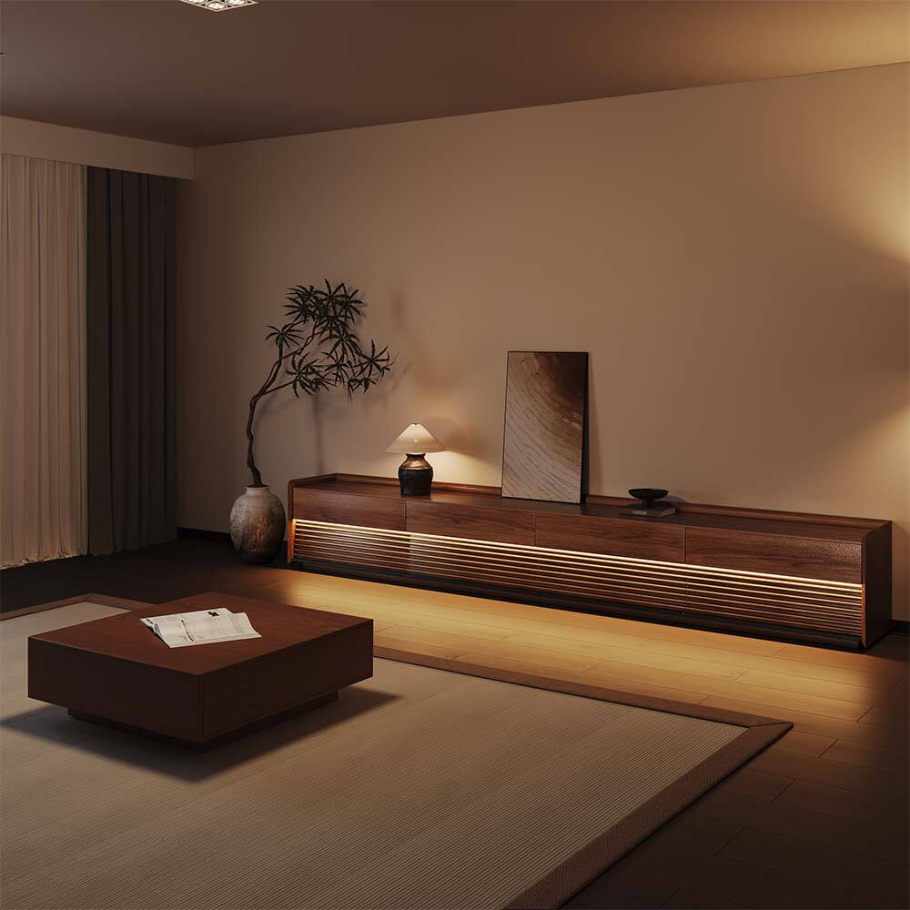 Angle. POVISON - 118"Fully-Assembled Mid-Century TV Stand, Walnut Modern Cabinet with Adjustable Light, Perfect for 95-inch TVs - Walnut.