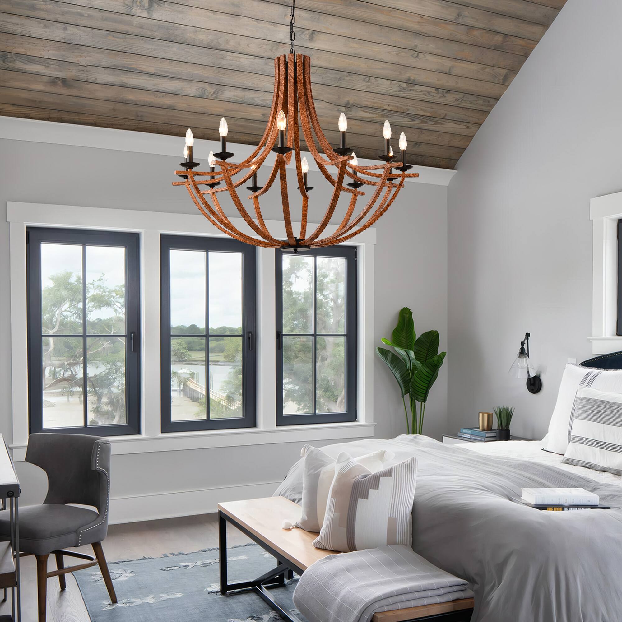 Alt View 2. RYHNUYNE - 40"Farmhouse Chandelier,12-Light Dining Room Light Fixture,Rustic Chandelier Wooden Light Fixtures for Living Room - Brown.