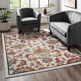 Modway - Entourage Azami Distressed Vintage Floral Lattice Area Rug - Ivory Blue Orange Yellow Red
