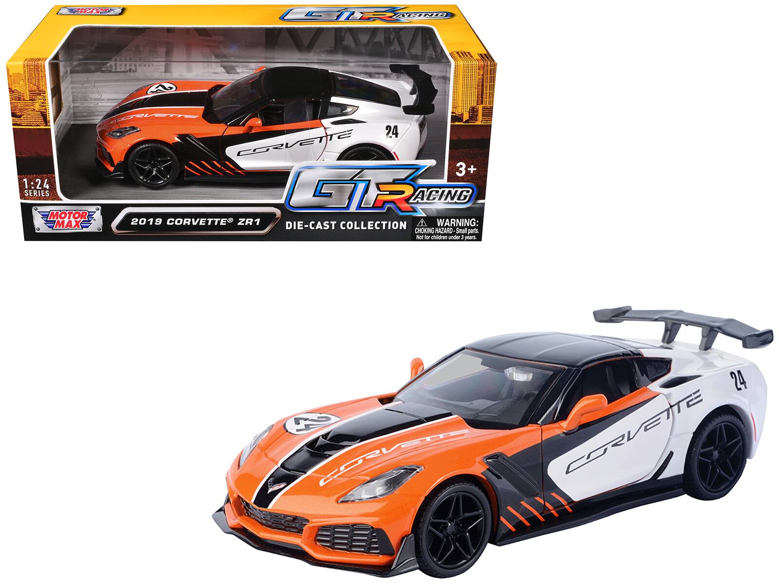 Sure, here is the corrected and grouped text from the image:
---
**Front of the Box:**
- **Top Left Corner:** 1:24 SERIES
- **Top Right Corner:** 3+
- **Main Title:** CORVETTE GT3 RACING
- **Subtitle:** DIE-CAST COLLECTION
- **Warning:** WARNING: CHOKING HAZARD - Small parts. Not for children under 3 years.
- **Bottom Left:** MOTOR MAX
- **Bottom Center:** 2019 CORVETTE® ZR1
**Side of the Box:**
- **Top Left Corner:** 1:24 SERIES
- **Top Right Corner:** 3+
- **Main Title:** CORVETTE GT3 RACING
- **Subtitle:** DIE-CAST COLLECTION
- **Warning:** WARNING: CHOKING HAZARD - Small parts. Not for children under 3 years.
- **Bottom Left:** MOTOR MAX
- **Bottom Center:** 2019 CORVETTE® ZR1
**Car:**
- **Side:** CORVETTE
- **Number:** 24
---