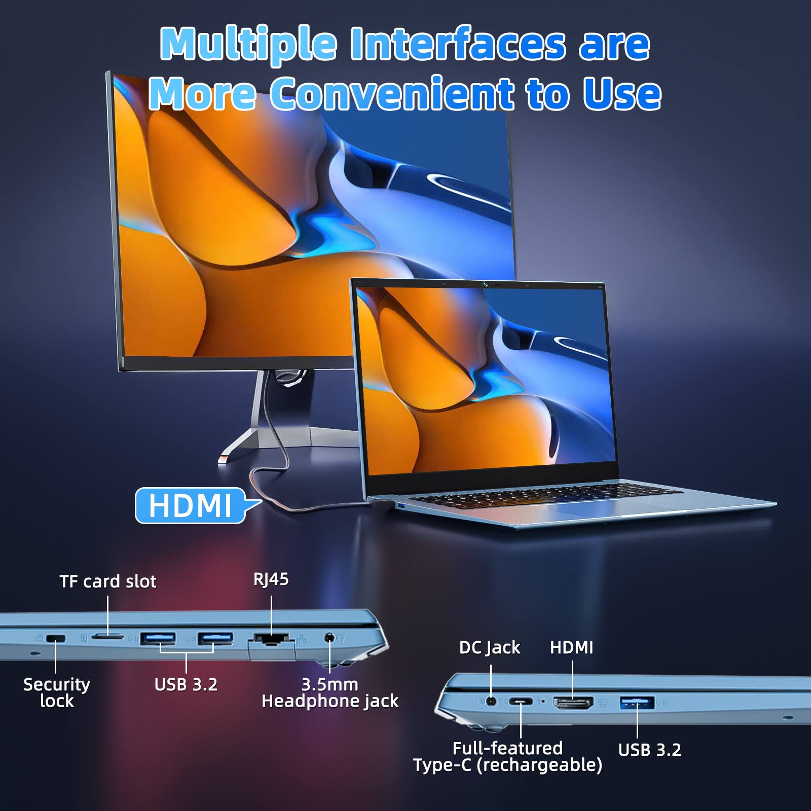 Multiple Interfaces are More Convenient to Use

- HDMI
- TF card slot
- RJ45
- EU DC Jack
- HDMI
- Security lock
- USB 3.2
- 3.5mm Headphone jack
- Full-featured USB 3.2
- Type-C (rechargeable)