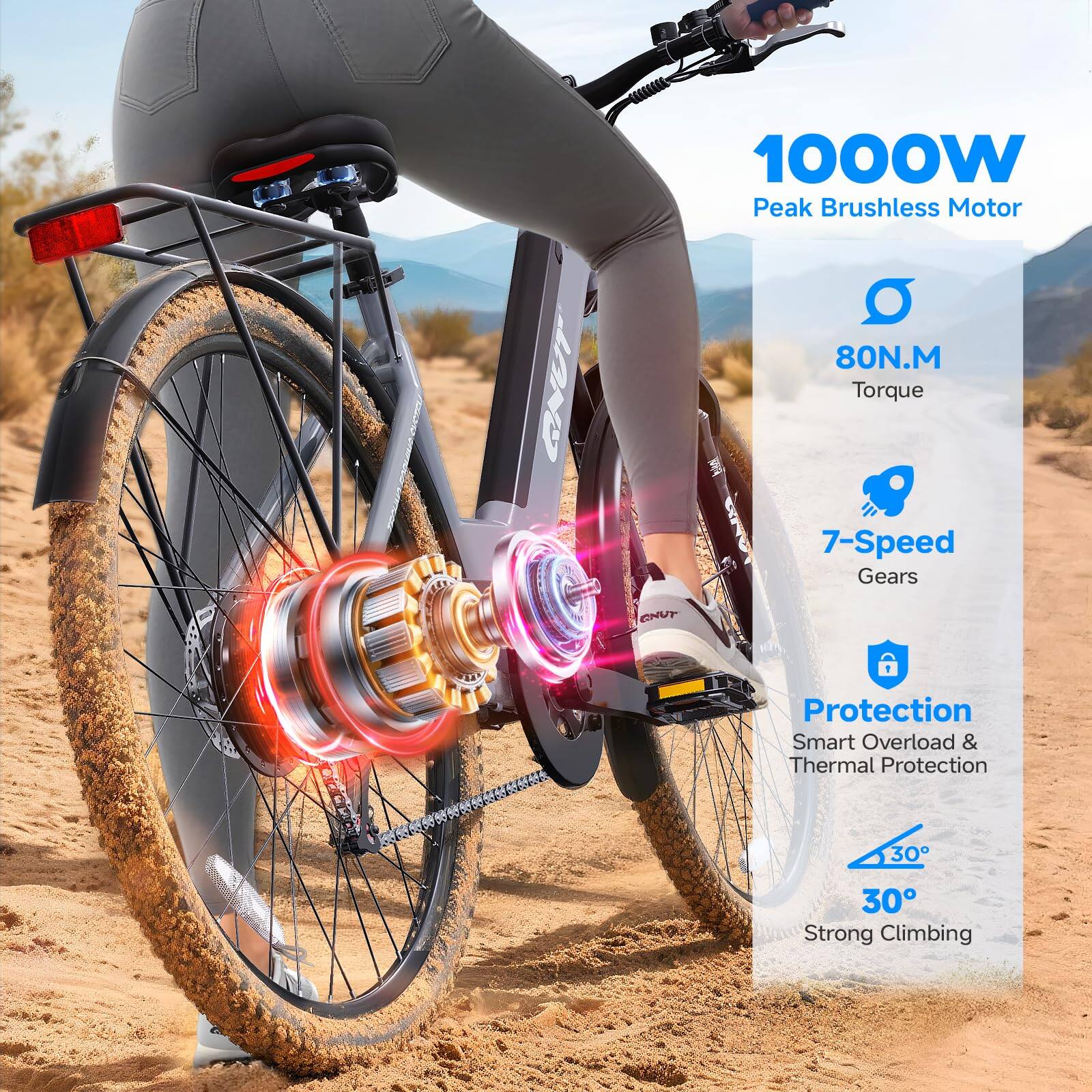 GNUT 1000W Peak Brushless Motor 80N.M Torque LAND 7-Speed Gears CHUT Protection Smart Overload & Thermal Protection 30° 30° Strong Climbing